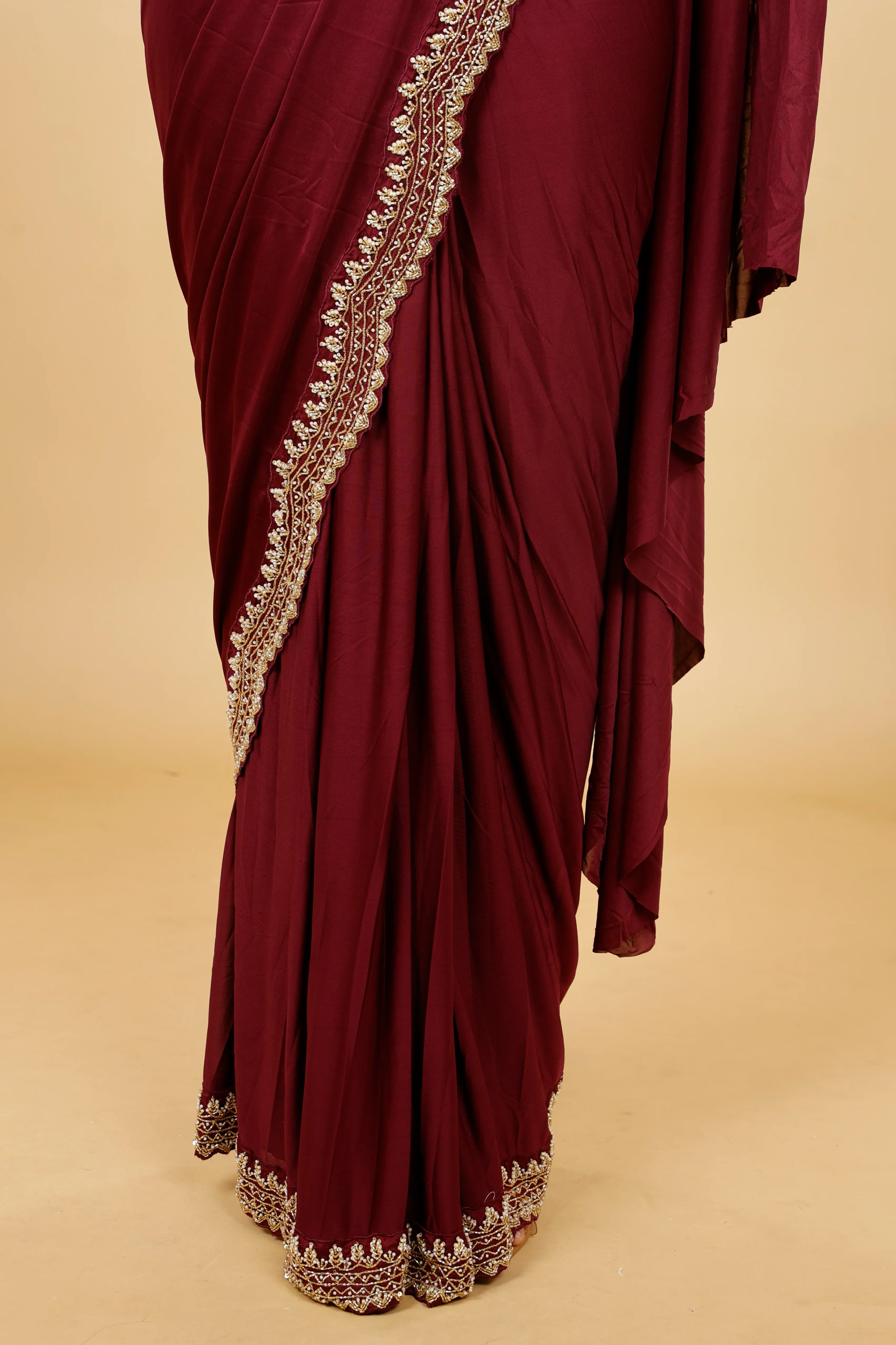 Maroon Satin Lycra Drape Saree with Pearl & Cutdana Embroidery - Mokshaa