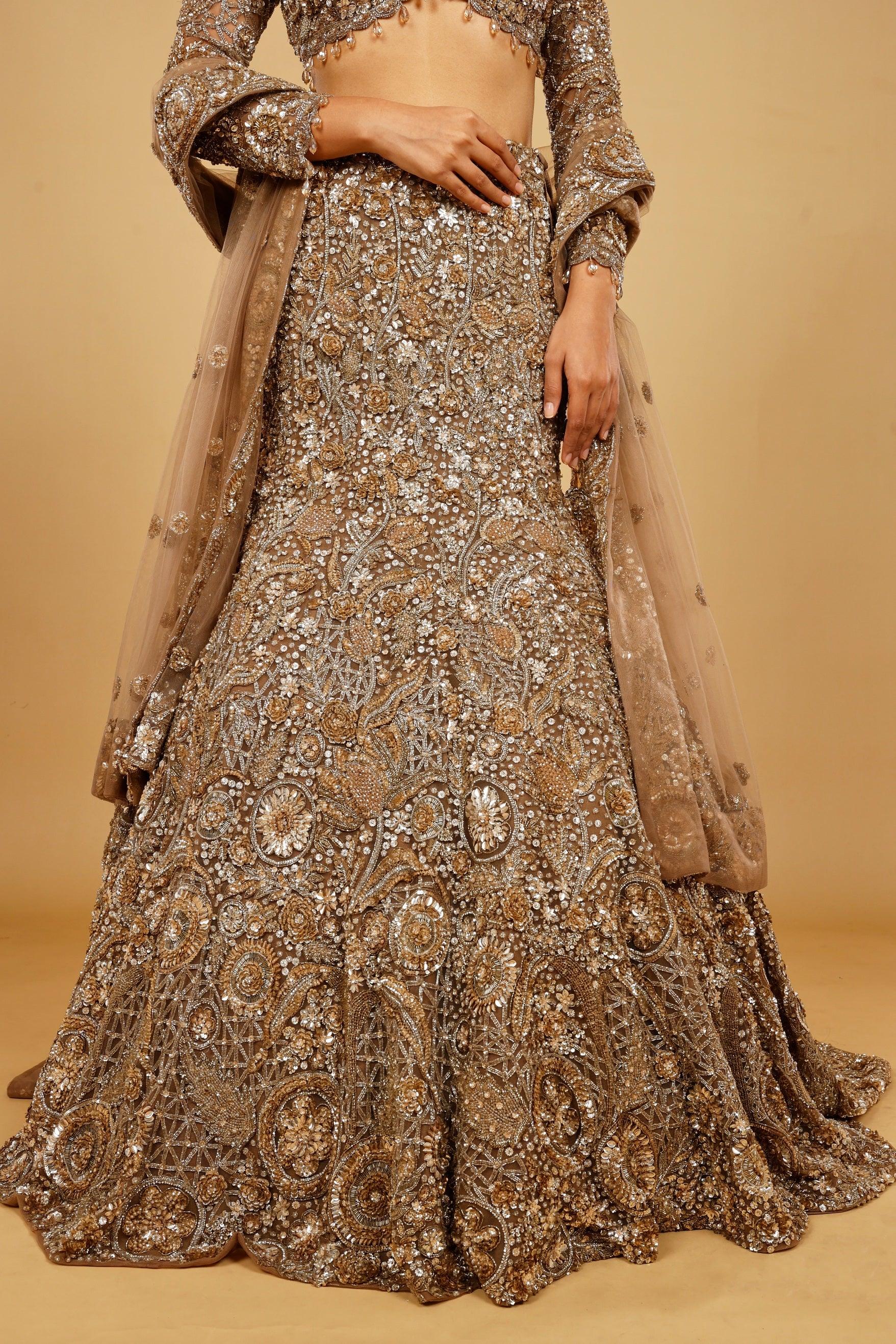 Dark Gold Net Mermaid Lehenga Set with Sequin, Stone & Kutdana Embroidery - Mokshaa