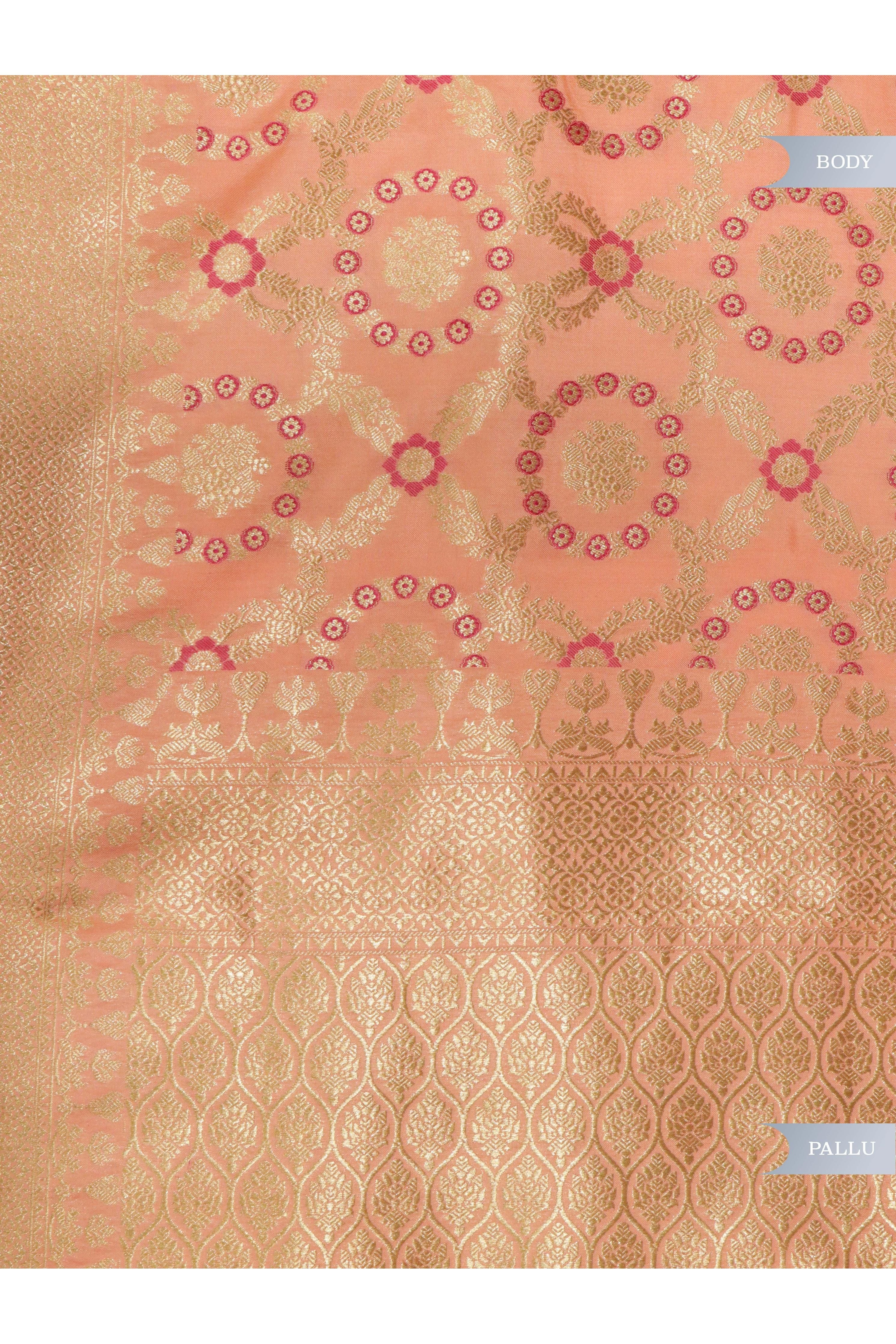 Peach Banarasi Silk Saree with All-Over Zari & Thread Weaving - Mokshaa