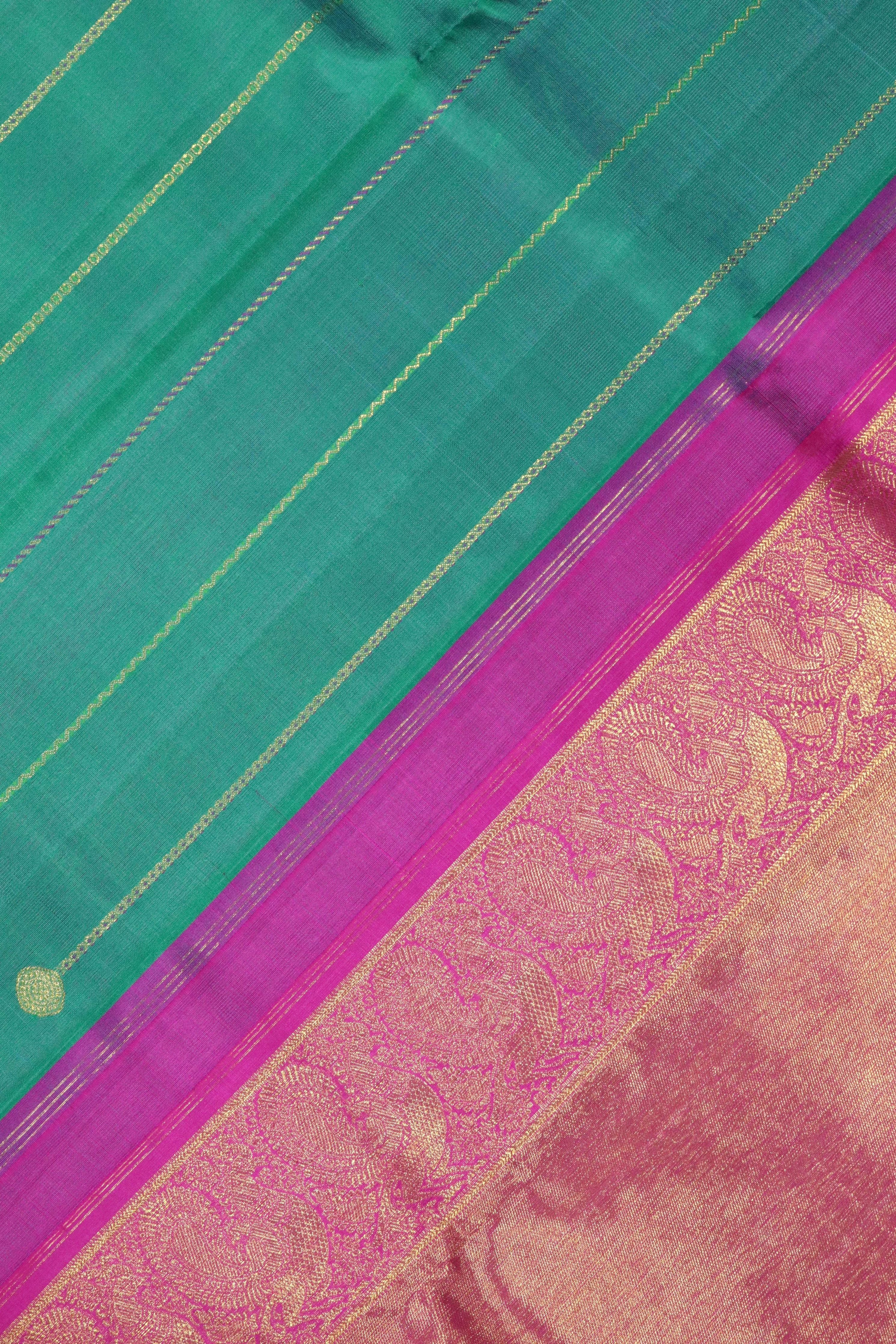 Turquoise Blue Kanchipuram Silk Saree with Zari Stripes, Buttas & Contrast Border - Mokshaa