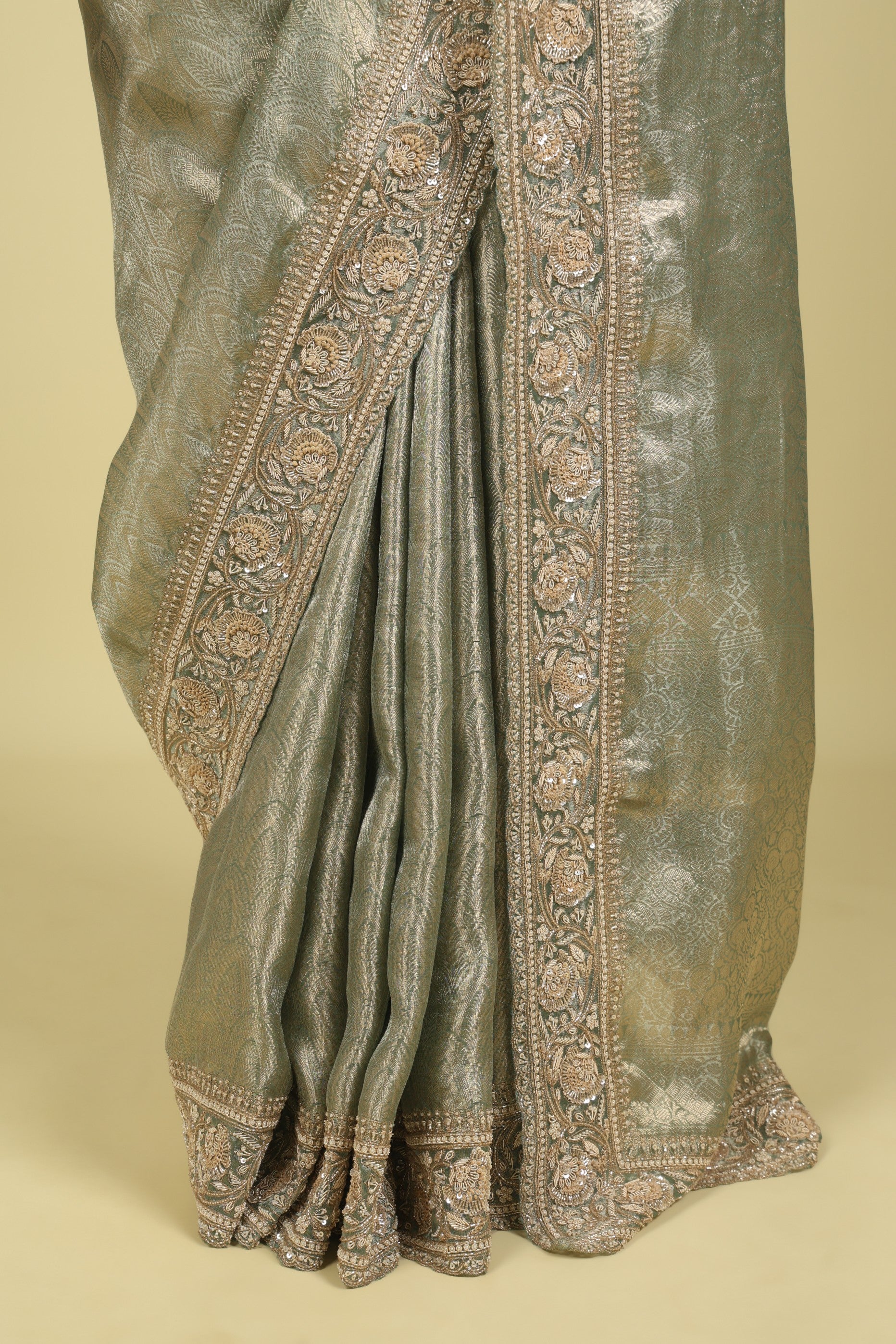 Sea Blue Banaras Tissue Saree with Pearl, Bead & Sequin Embroidered Border - Mokshaa