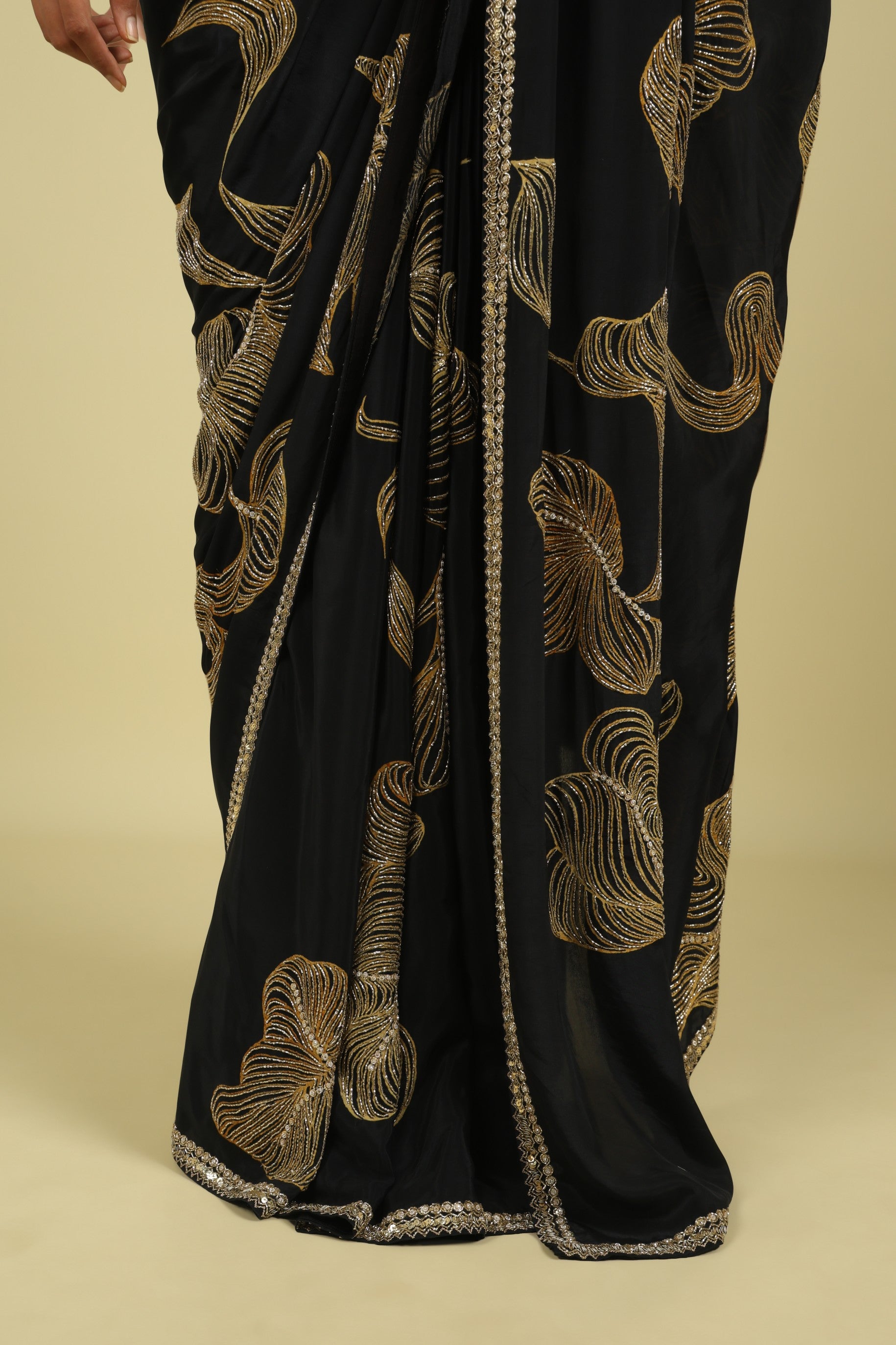 Black Satin Saree with Kardana & Sequin Fancy Work - Mokshaa