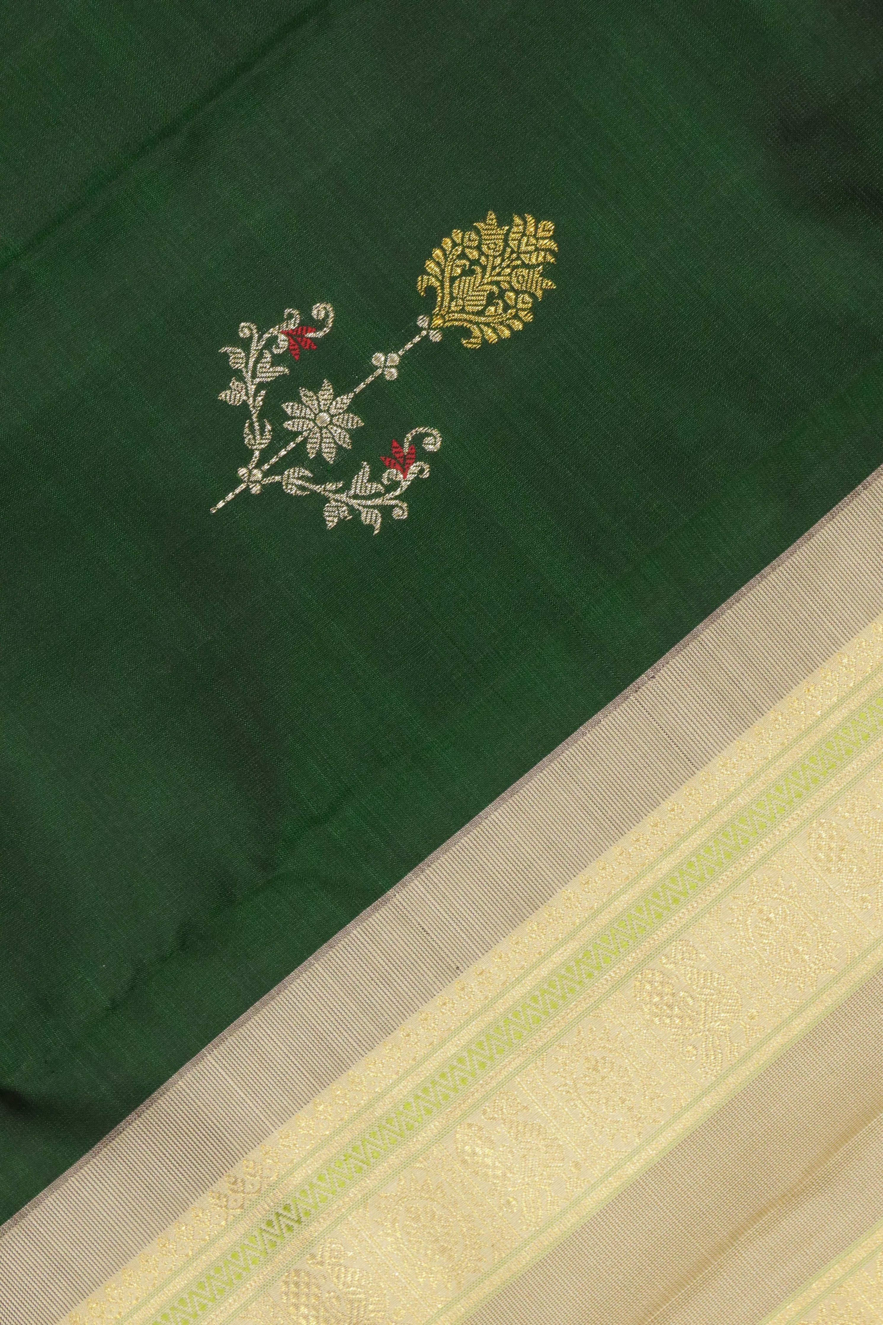 Bottle Green Kanchipuram Silk Saree with Silver & Gold Zari Thread Motifs and Contrast Border - Mokshaa