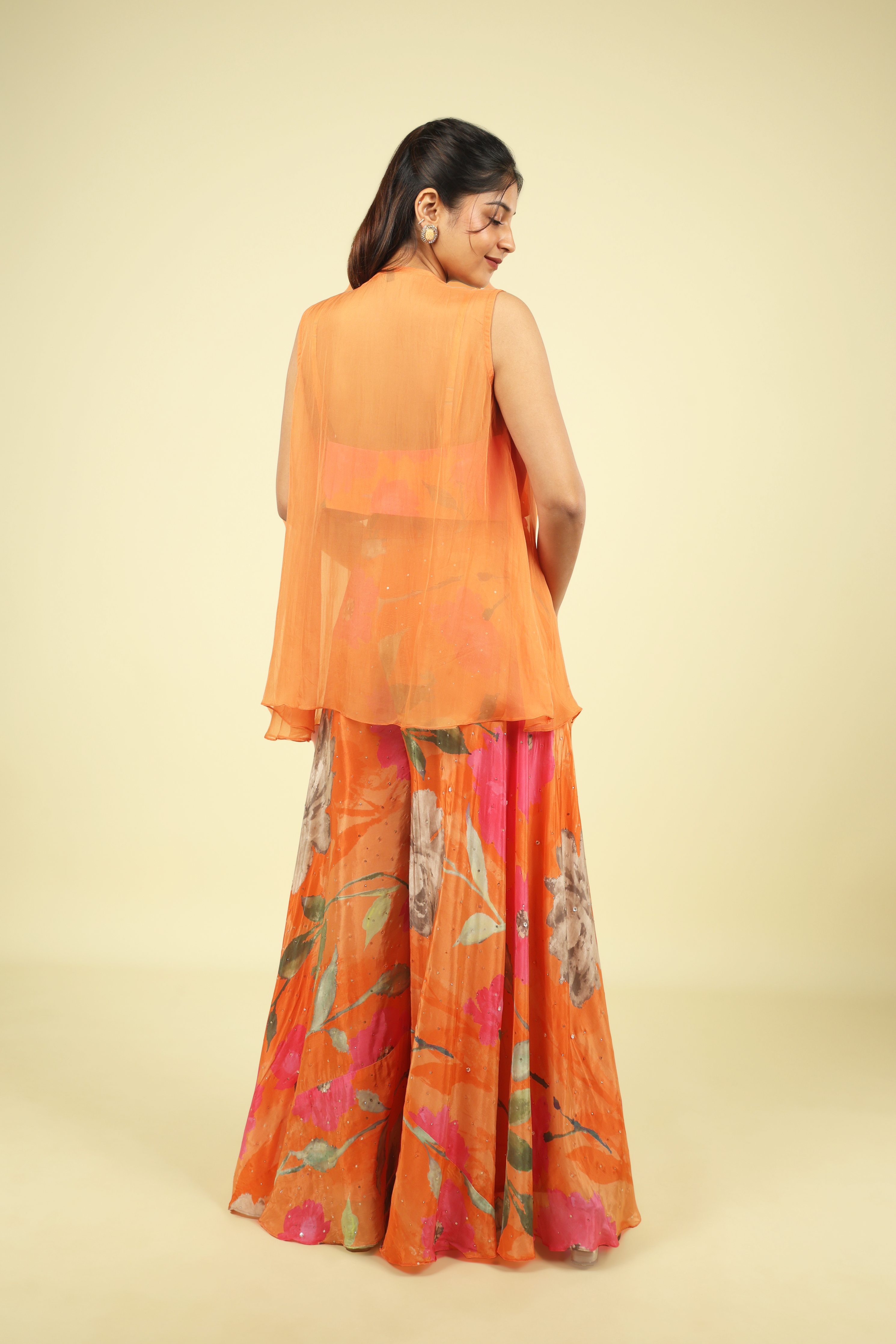 Orange Multi-Colour Printed Crepe Palazzo Set with Organza Jacket - Mokshaa