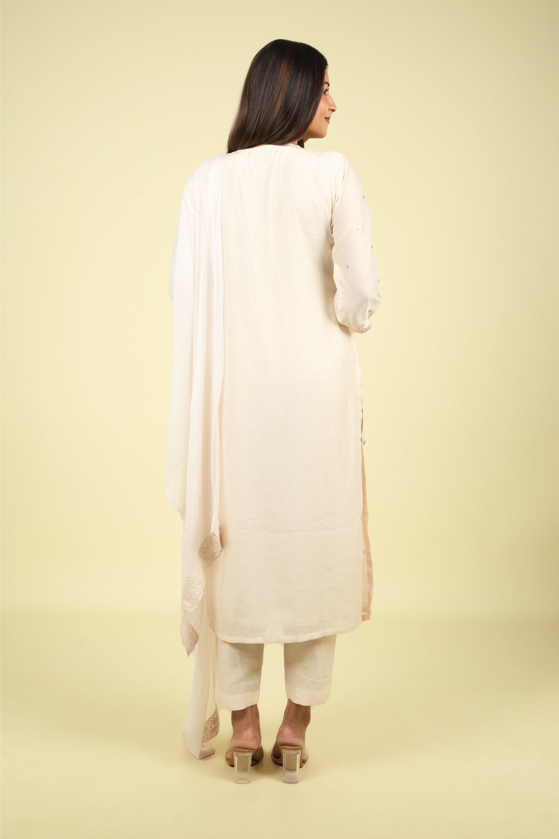 Cream Mul Chanderi Straight Cut Salwar Suit with Chiffon Dupatta - Mokshaa