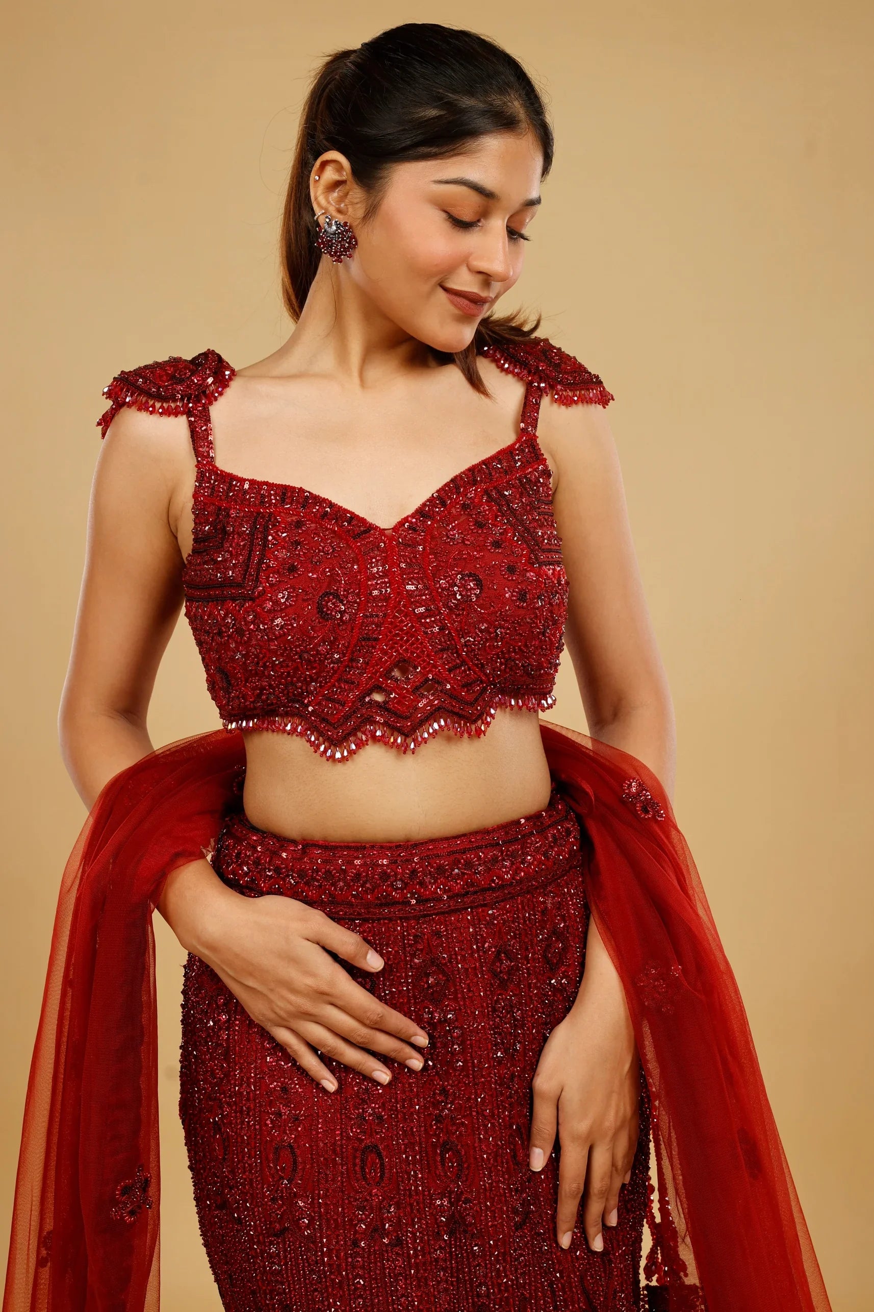 Maroon Hand-Embroidered Mermaid Lehenga Set - Mokshaa