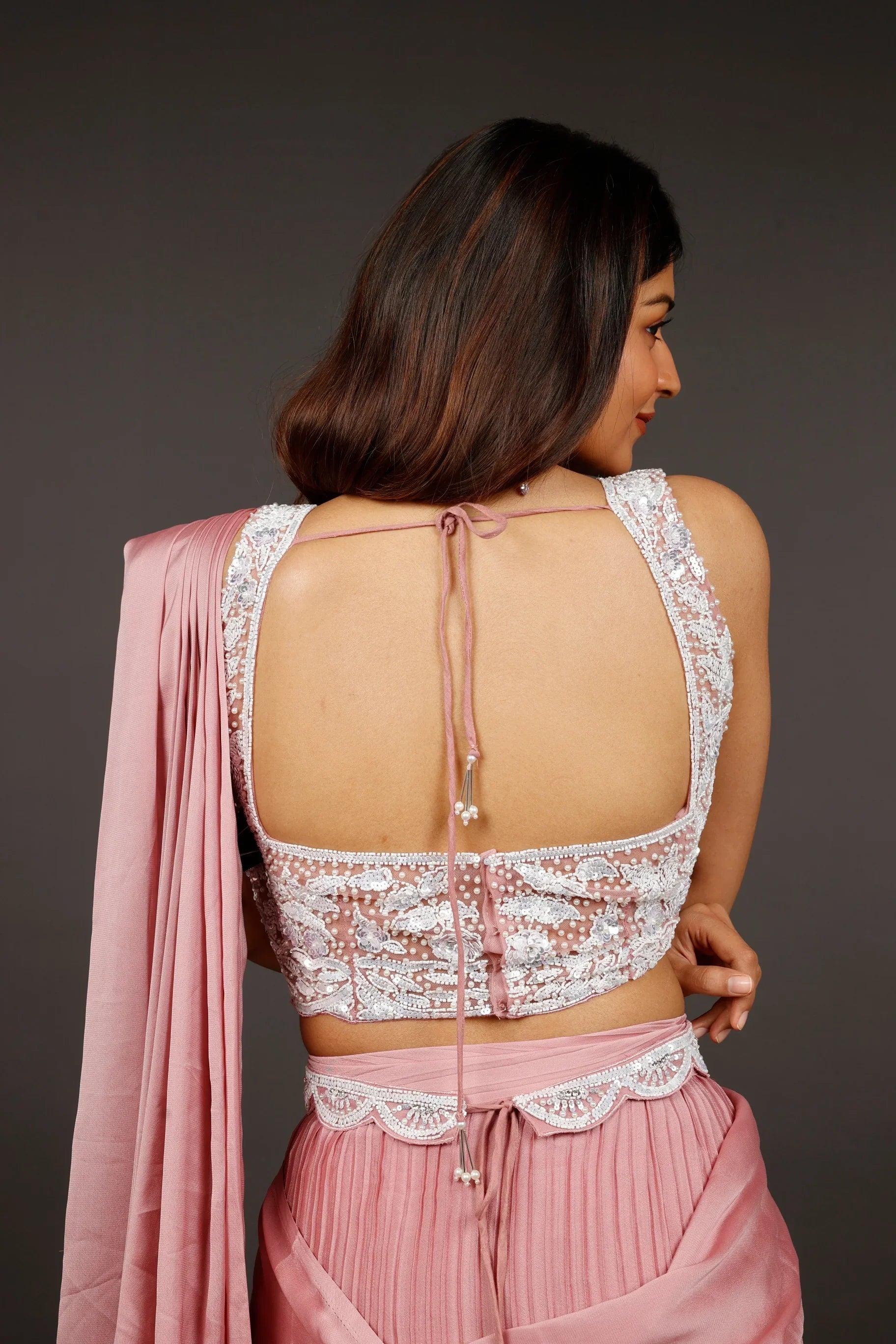 Coral Chinon Silk Drape Saree with Sequin, Pearl & Cutdana Embroidery - Mokshaa