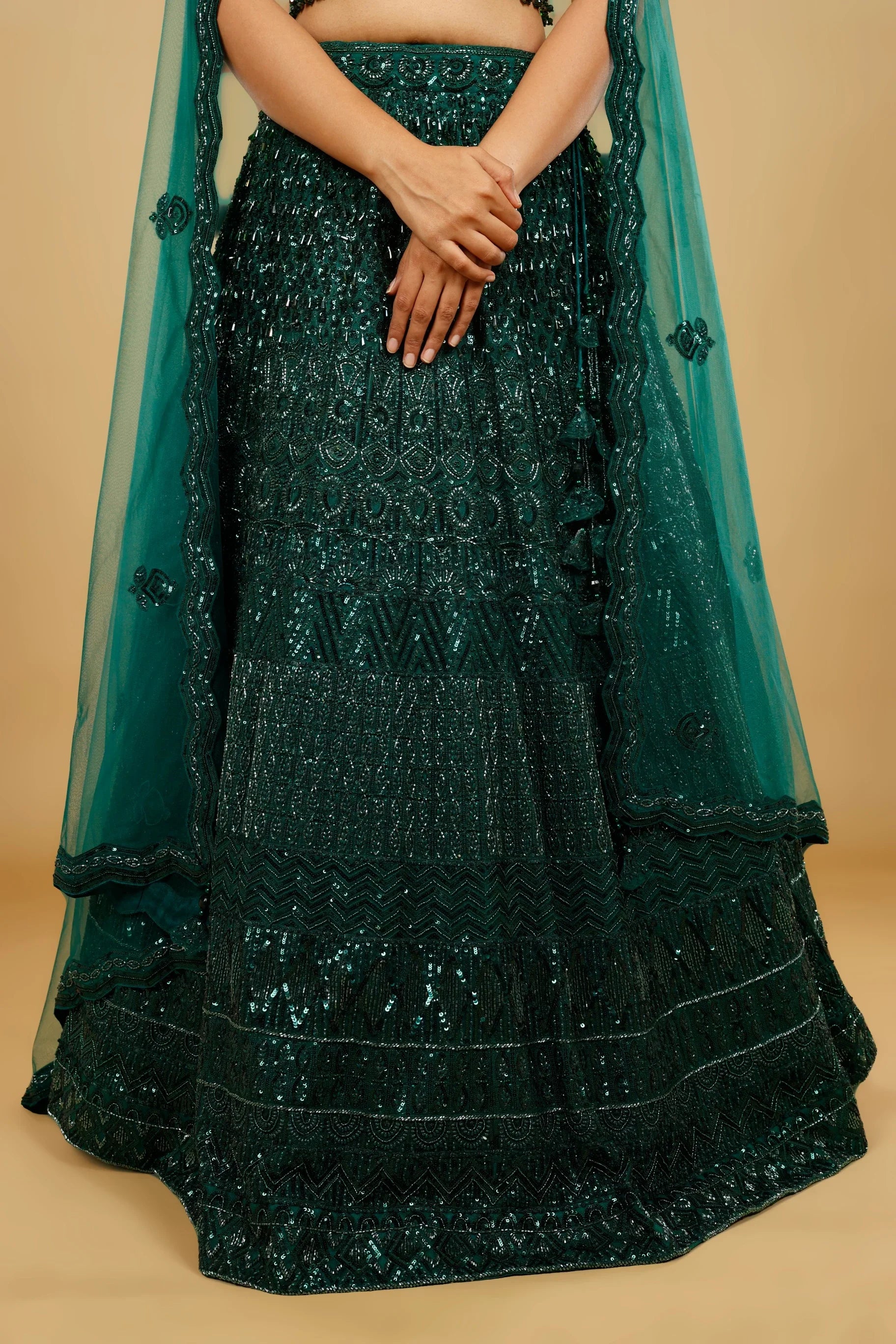 Bottle Green Net Lehenga Set with Sequin, Cutdana & Pearl Embroidery - Mokshaa