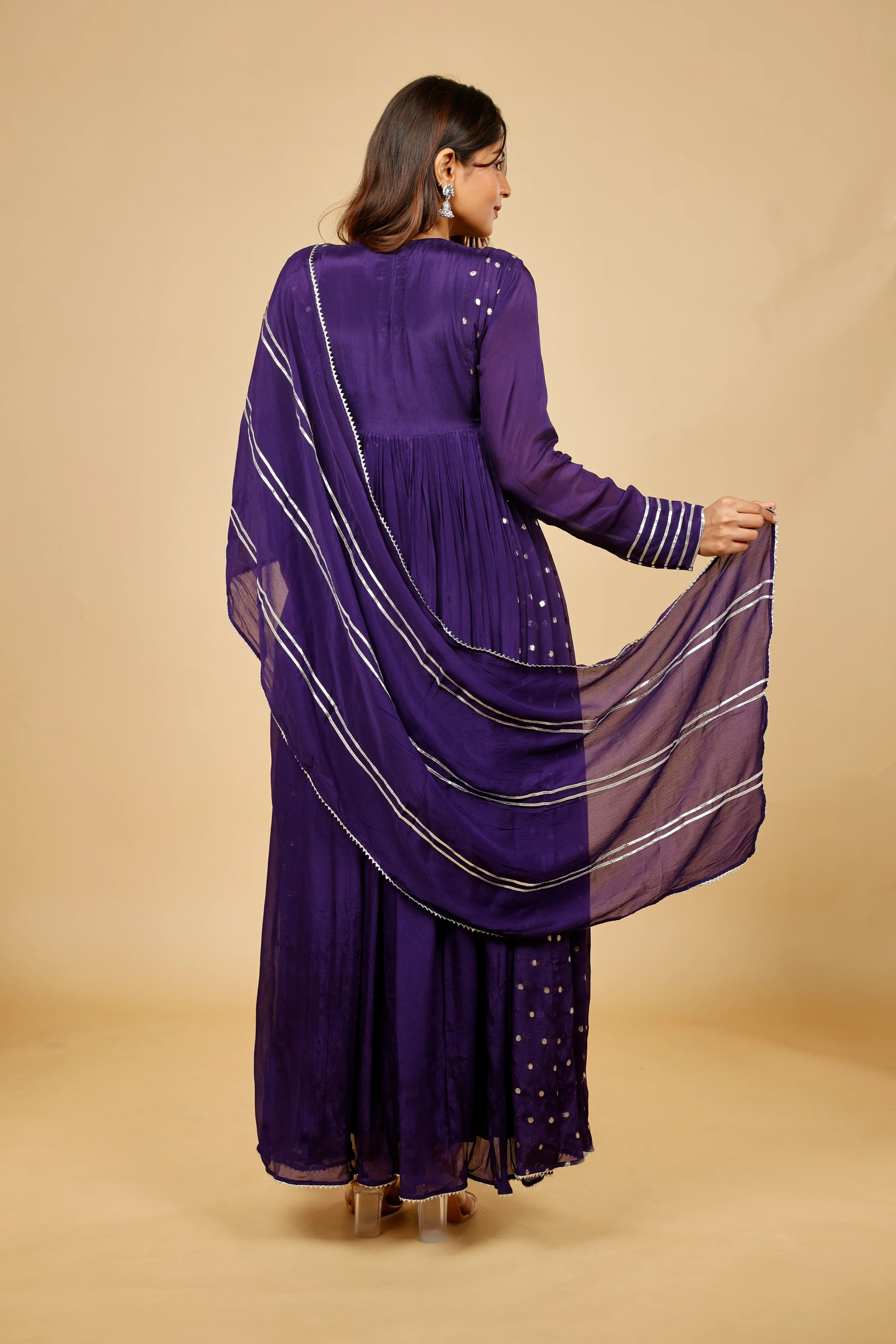 Royal Purple Silk Anarkali Set with Gota & Kutdana Embroidery - Mokshaa