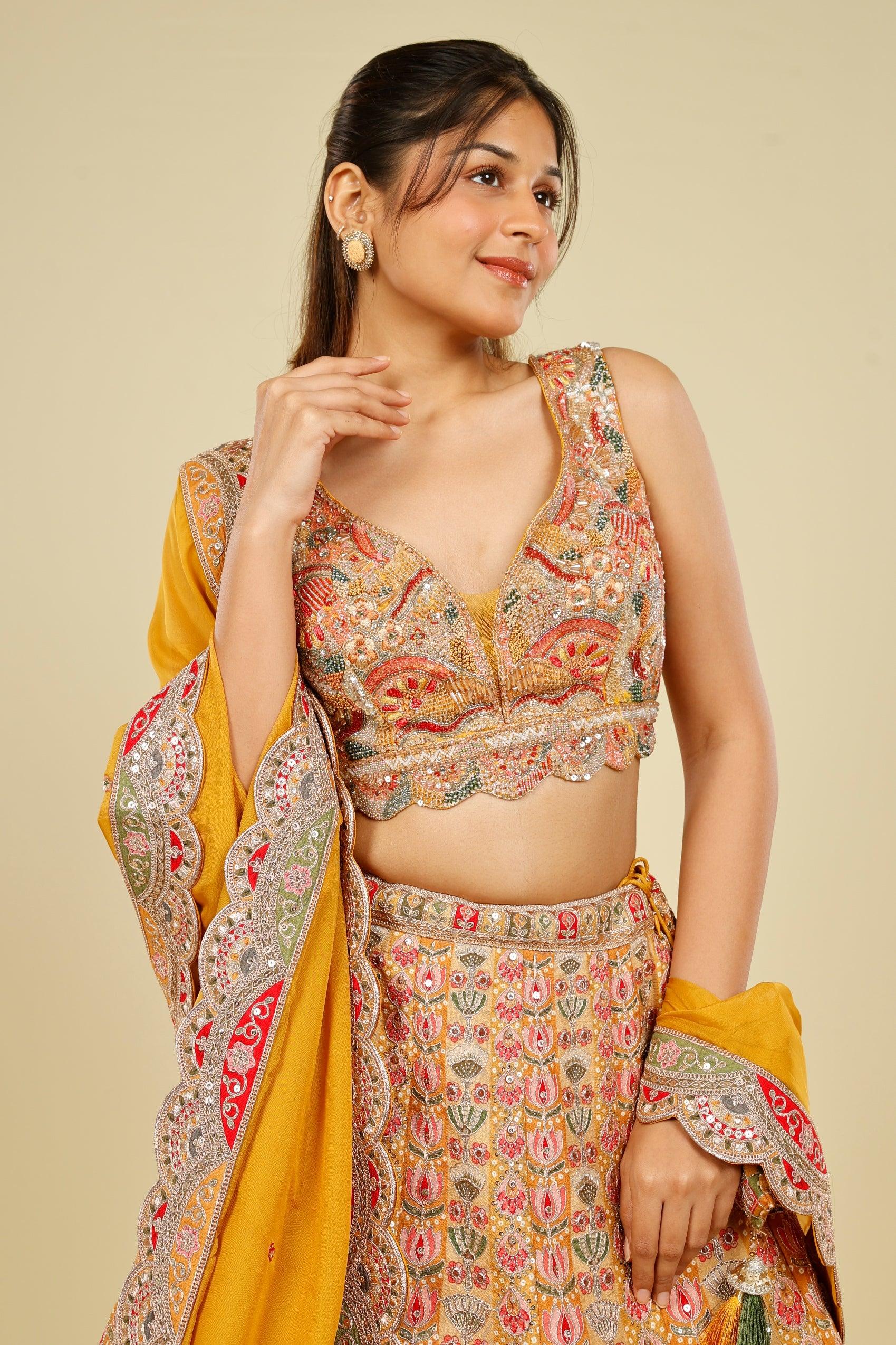 Yellow Printed Silk Lehenga Set with Zari & Sequin Embroidery - Mokshaa