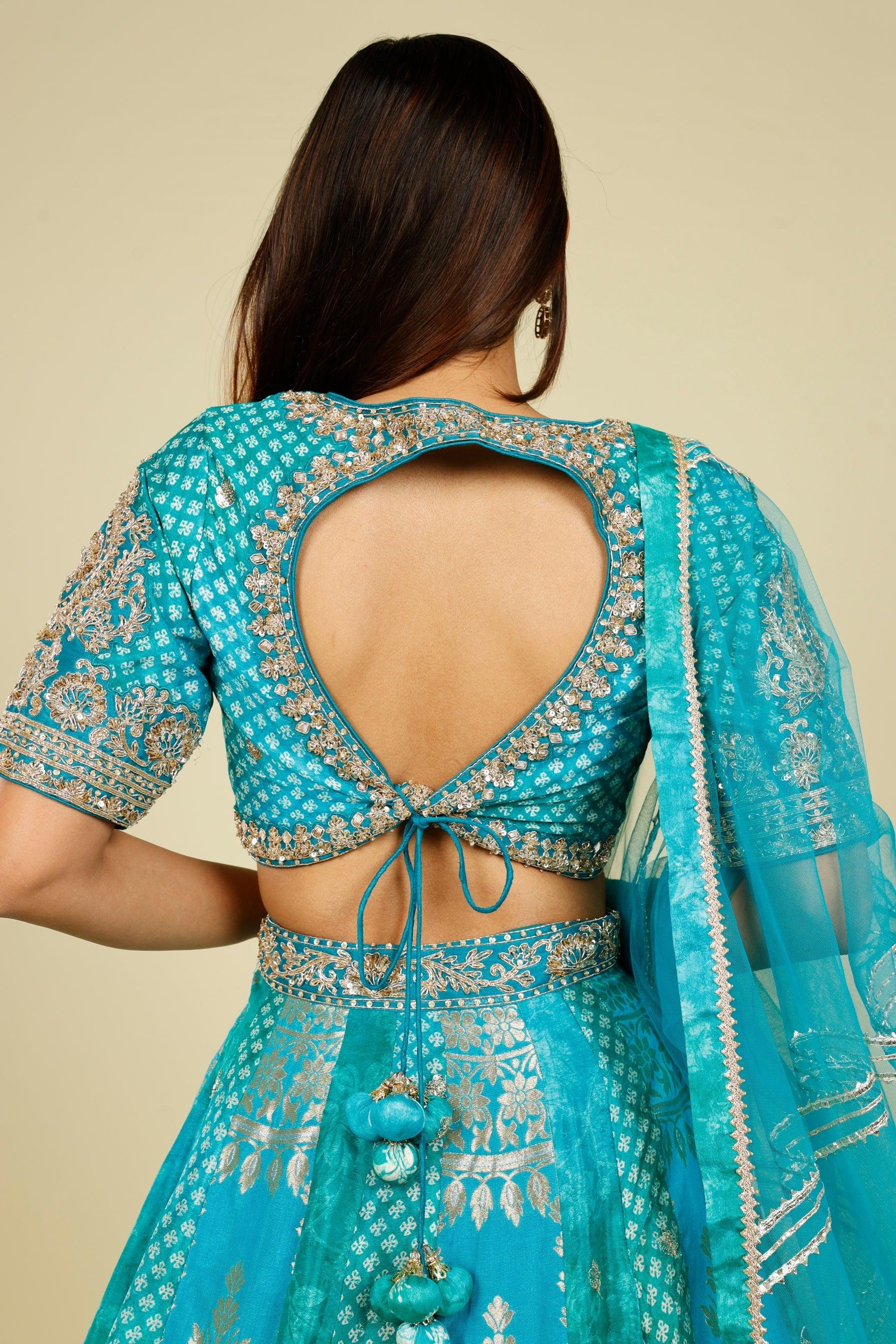 Teal Banarasi Printed Lehenga Set with Zari, Zardozi & Sequin Embroidery - Mokshaa