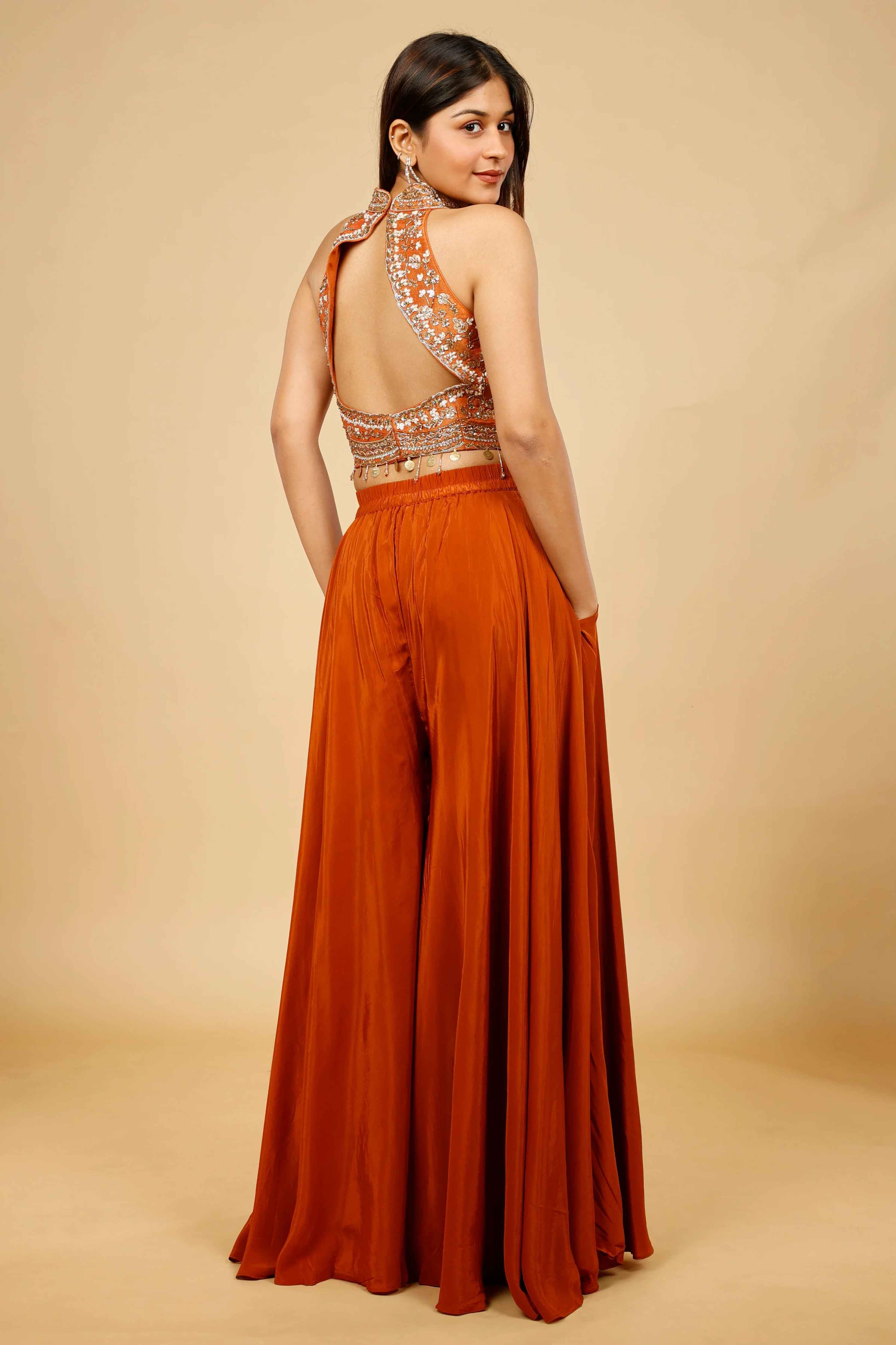 Rust Orange Crepe Silk Crop Top Palazzo Set with Sequin, Cutdana & Pearl Embroidery - Mokshaa