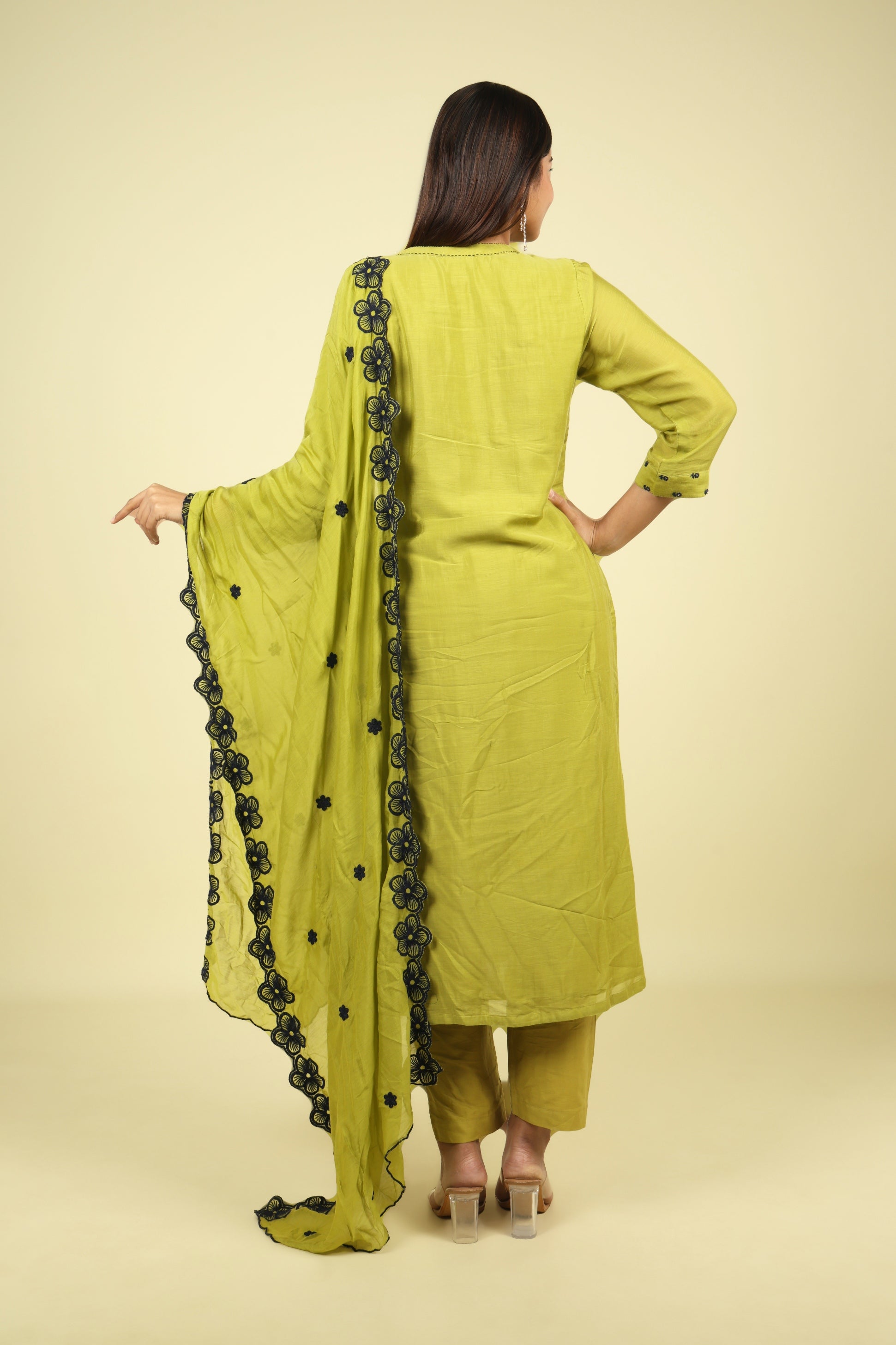 Olive Green Mul Chanderi Straight Cut Salwar Set with Navy Thread Embroidery - Mokshaa