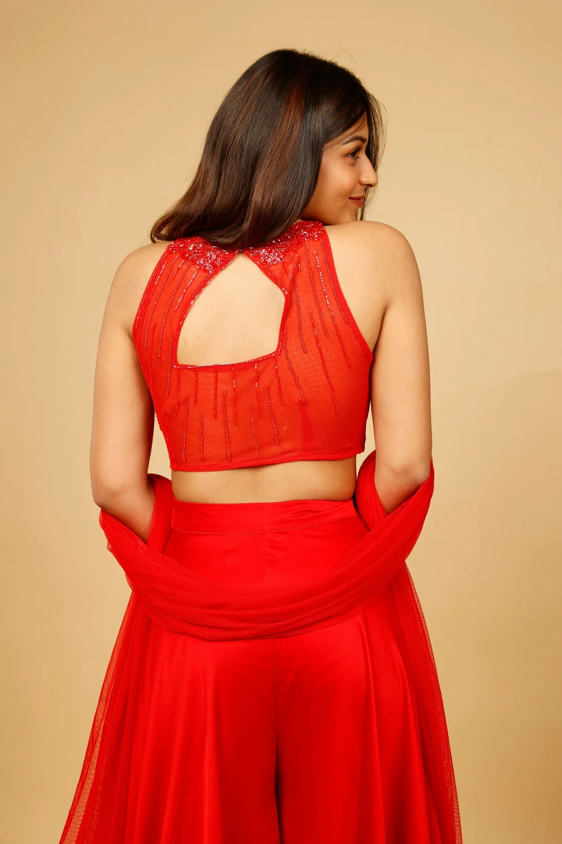 Red Crop Top with Palazzo and Net Dupatta - Mokshaa