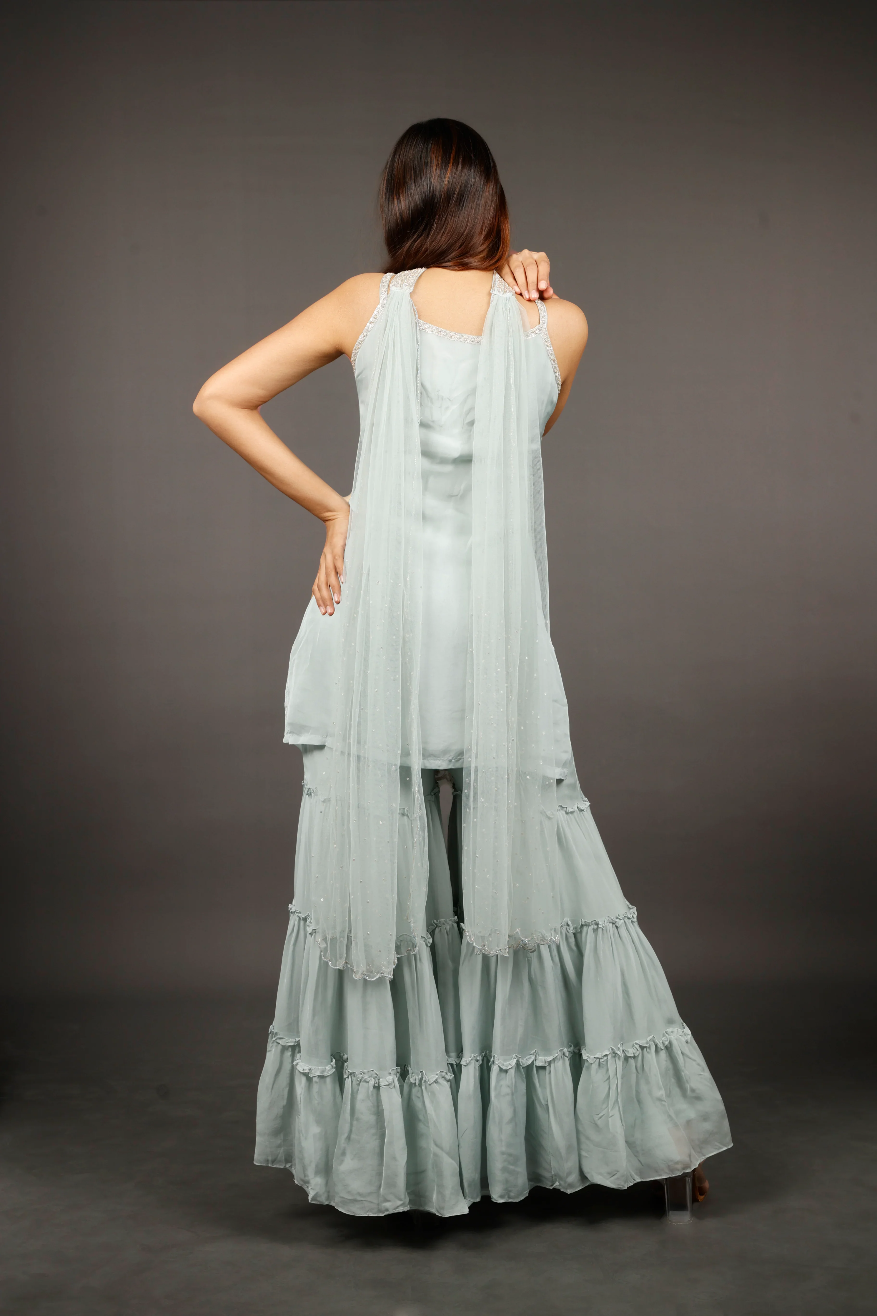 Light Blue Georgette Sharara Set with Shadow, Zari, Pearl, Cutdana & Sequin Embroidery - Mokshaa