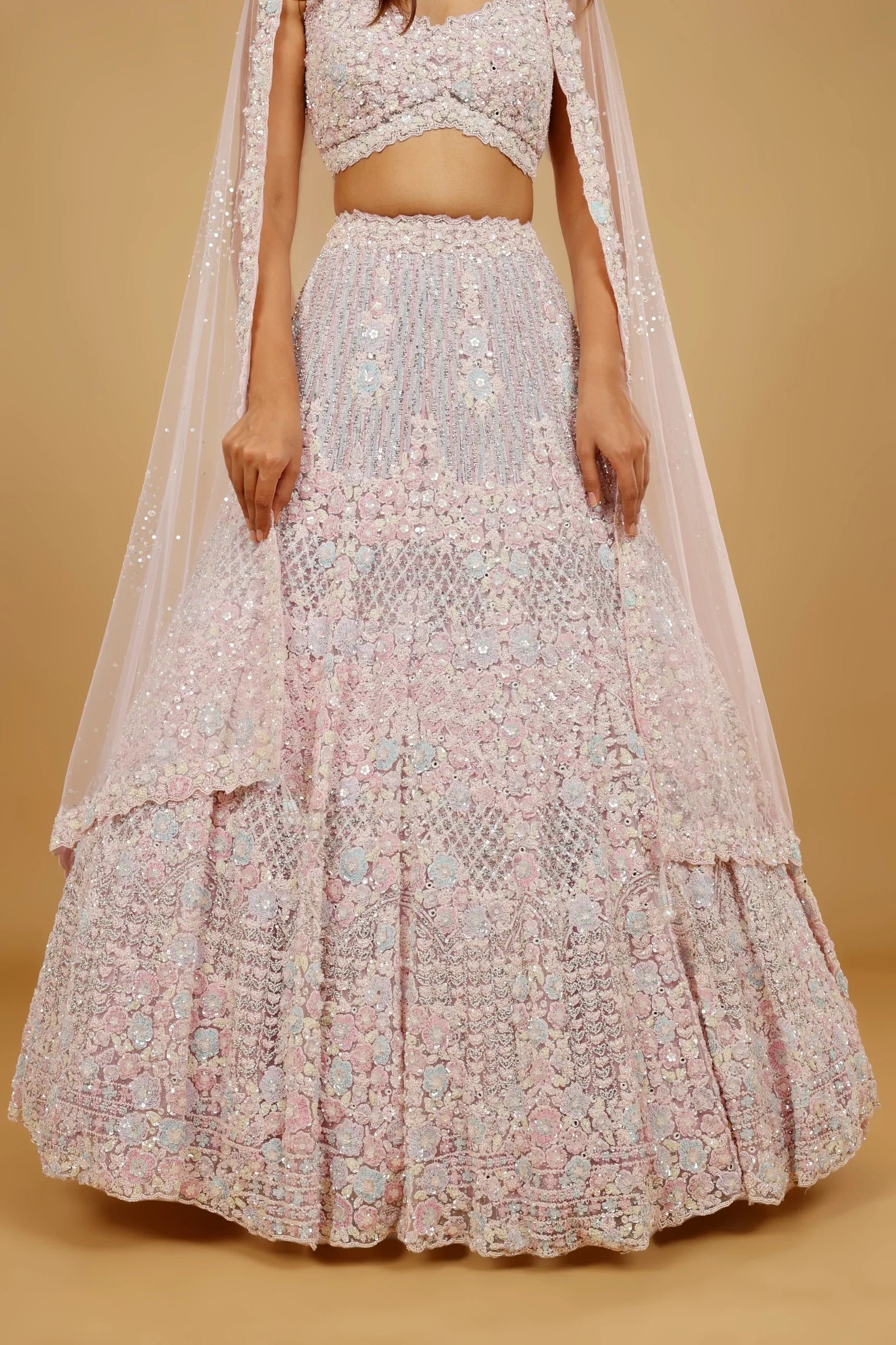Pink Net Lehenga Set with Multi-Colour Sequin, Pearl & Stone Embroidery - Mokshaa