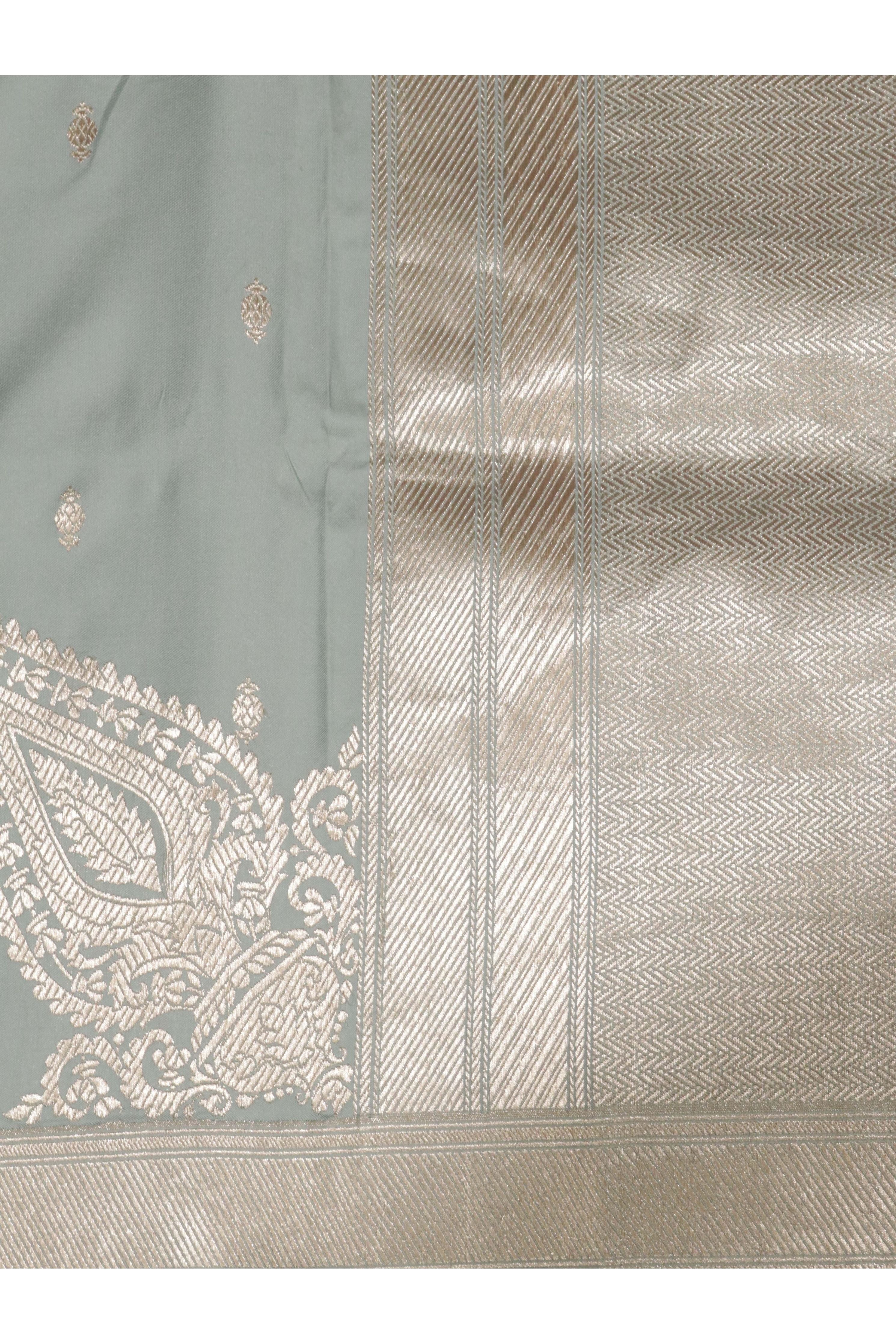 Light Blue Banarasi Mushroom Silk Saree with Silver Motifs & Silver Zari Border - Mokshaa