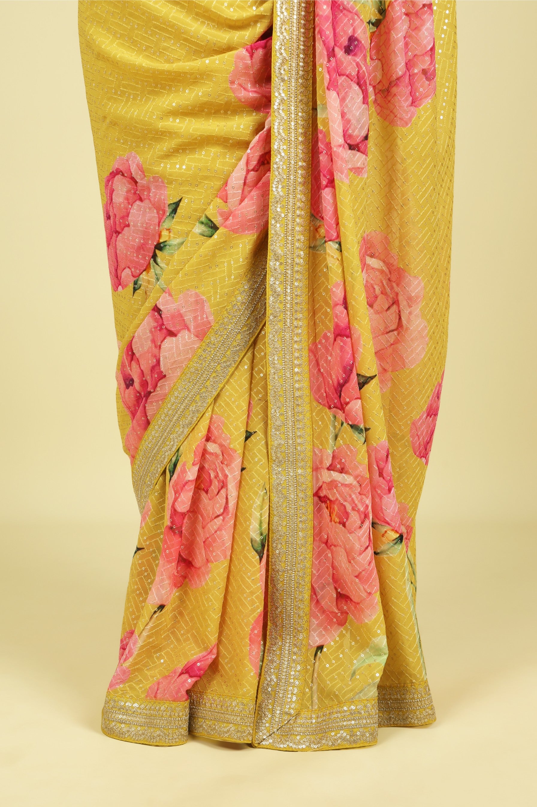 Lime Yellow Georgette Saree with Thread & Sequin Work and Digital Print Border - Mokshaa