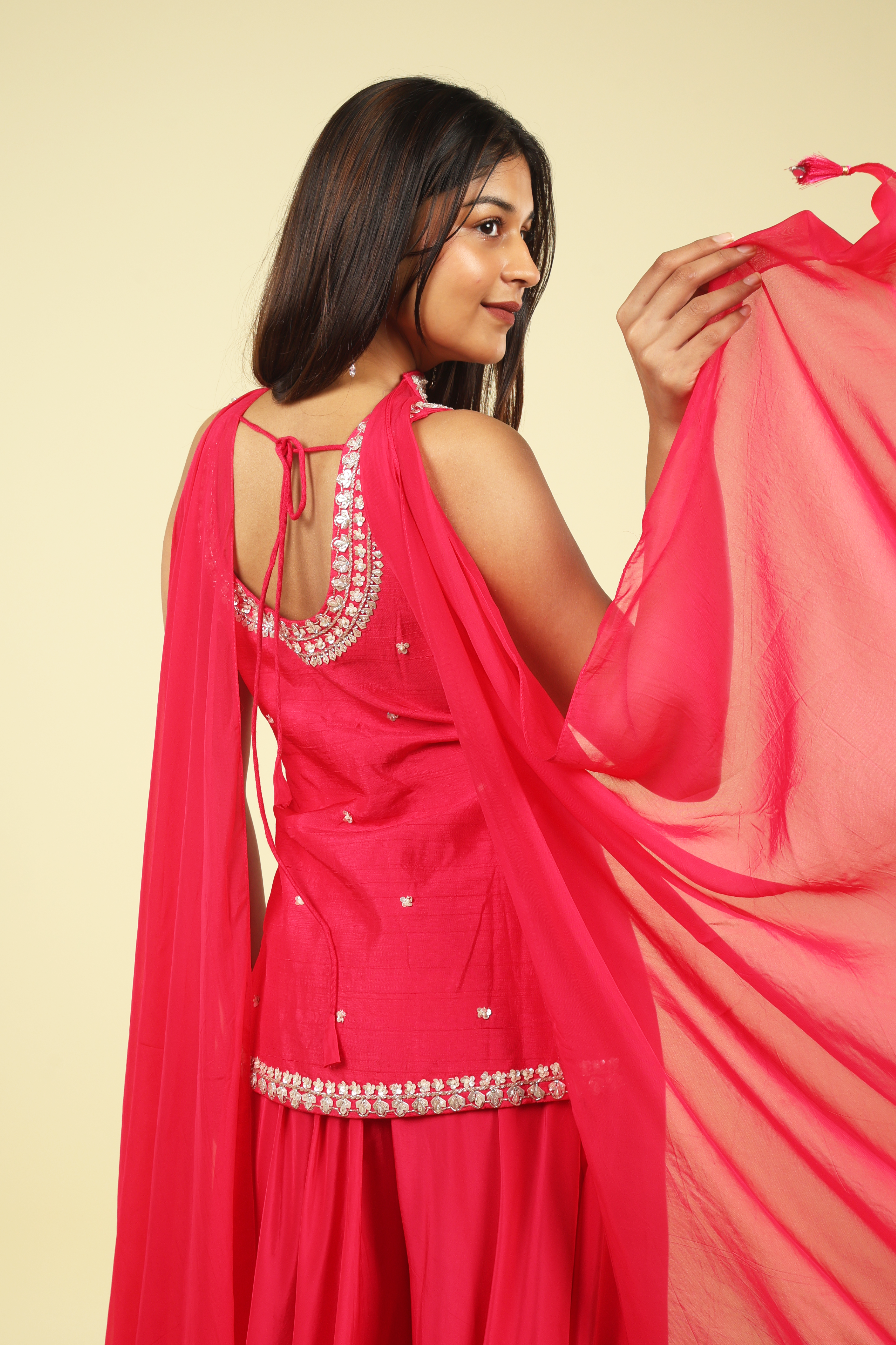 Pink Silk Palazzo Set with Embroidered Top & Organza Choker Dupatta - Mokshaa