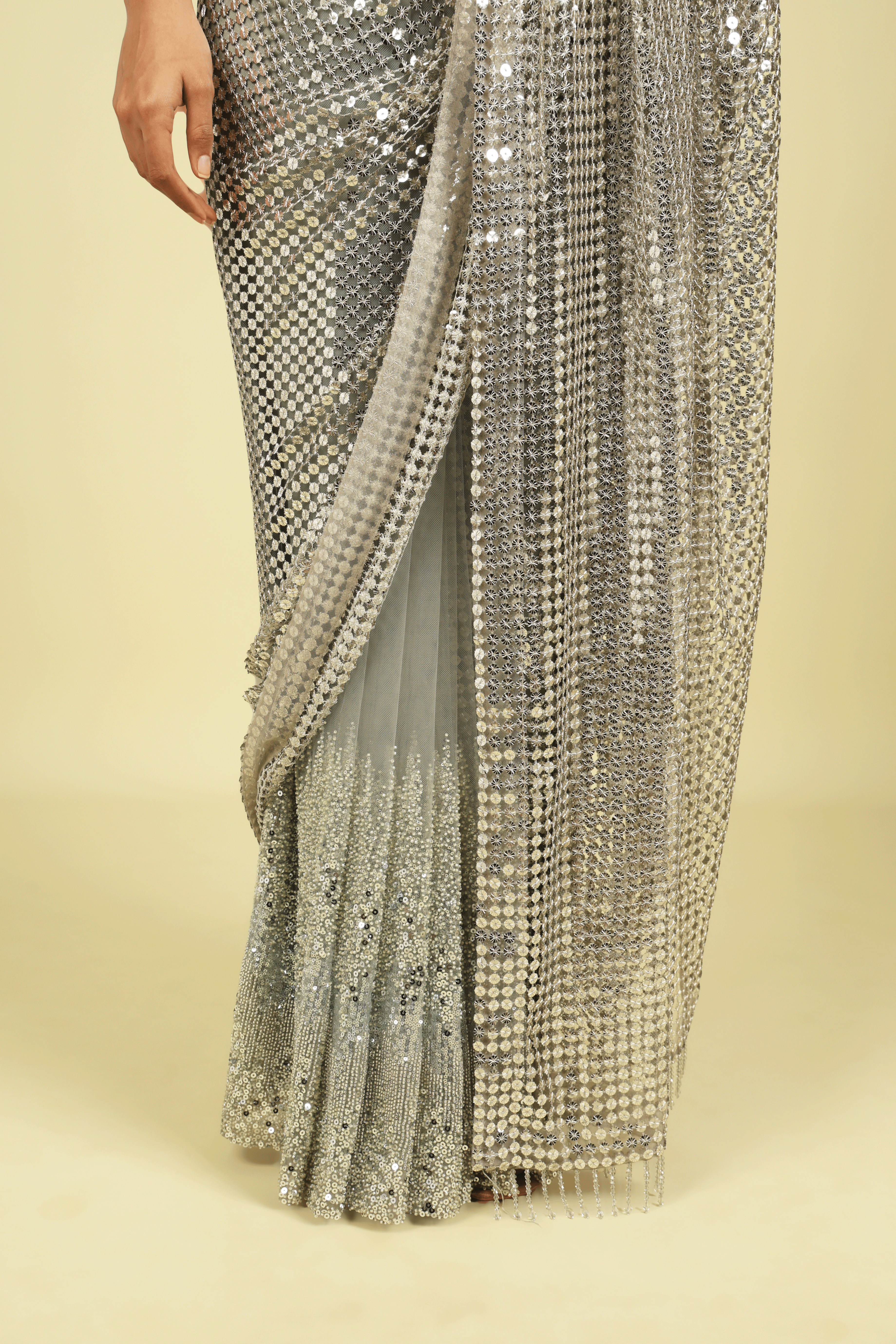 Grey Half-and-Half Metallic Mesh & Net Saree with Beads and Sequins - Mokshaa