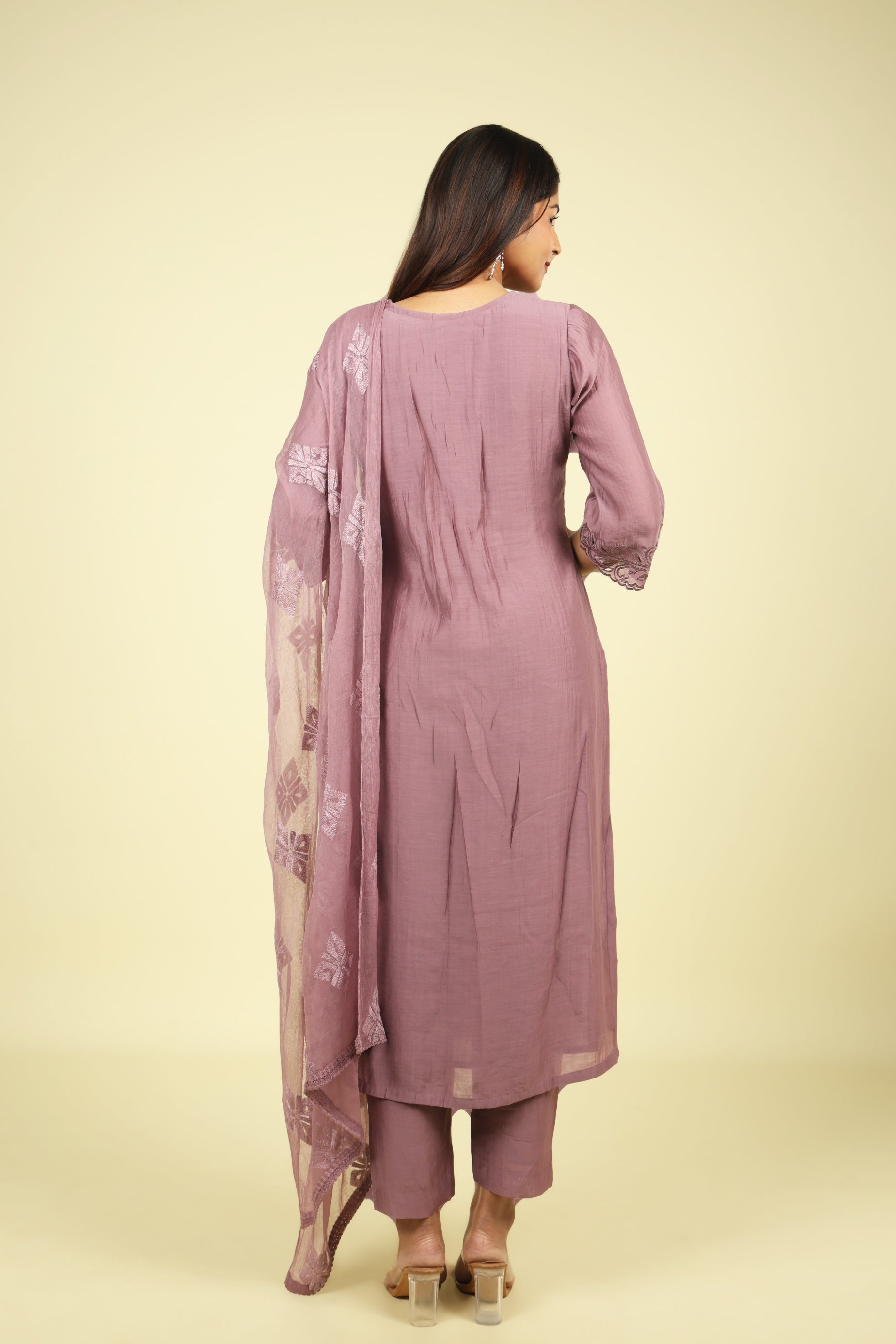 Dark Lavender Mul Chanderi Embroidered Straight Cut Salwar Suit - Mokshaa