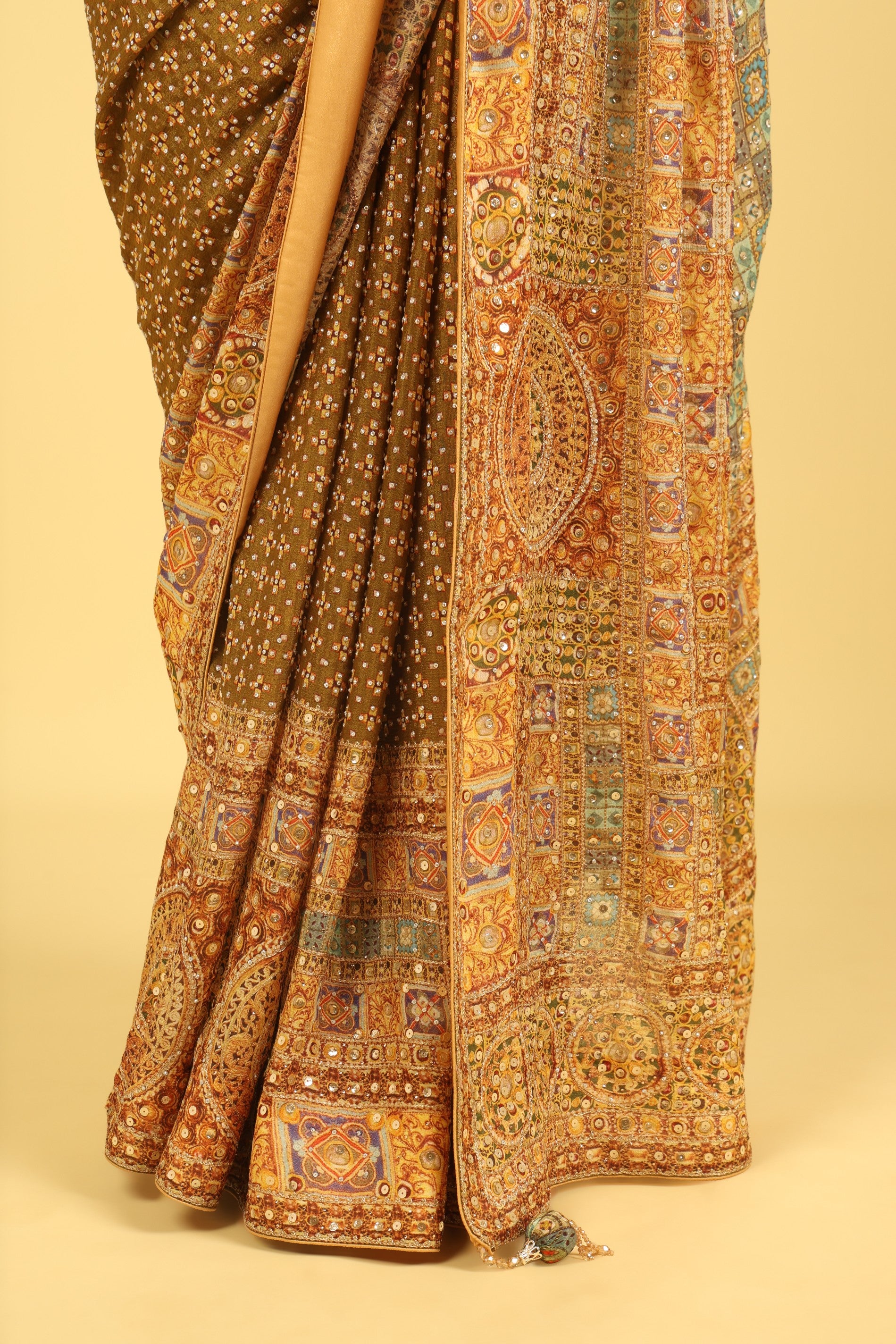 Dusty Green Soft Georgette Saree with Multicolour Digital Print, Sequin & Mirror Highlights - Mokshaa