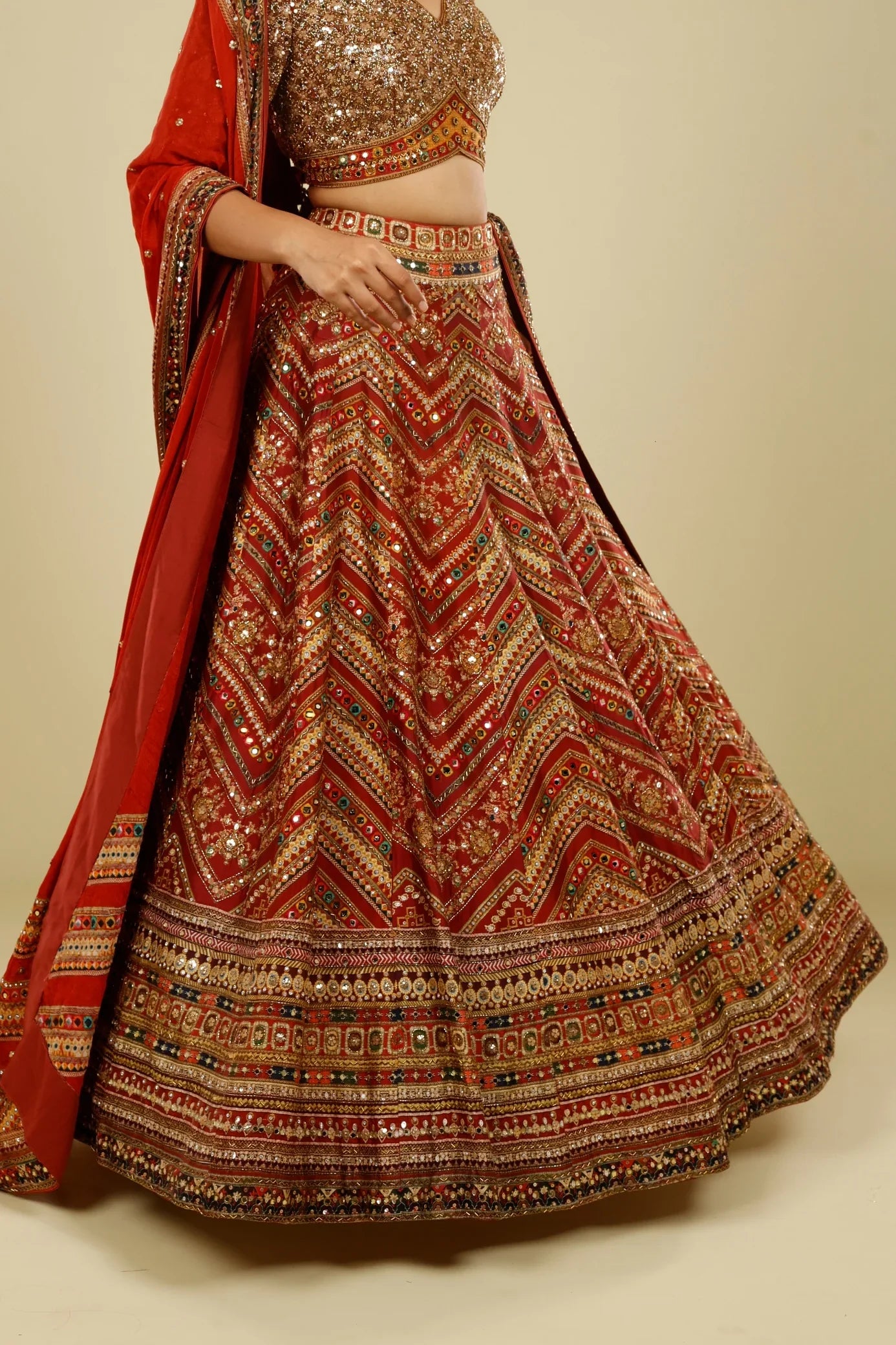 Rust Printed Silk Lehenga Set with Sequin & Kutdana Embroidery - Mokshaa