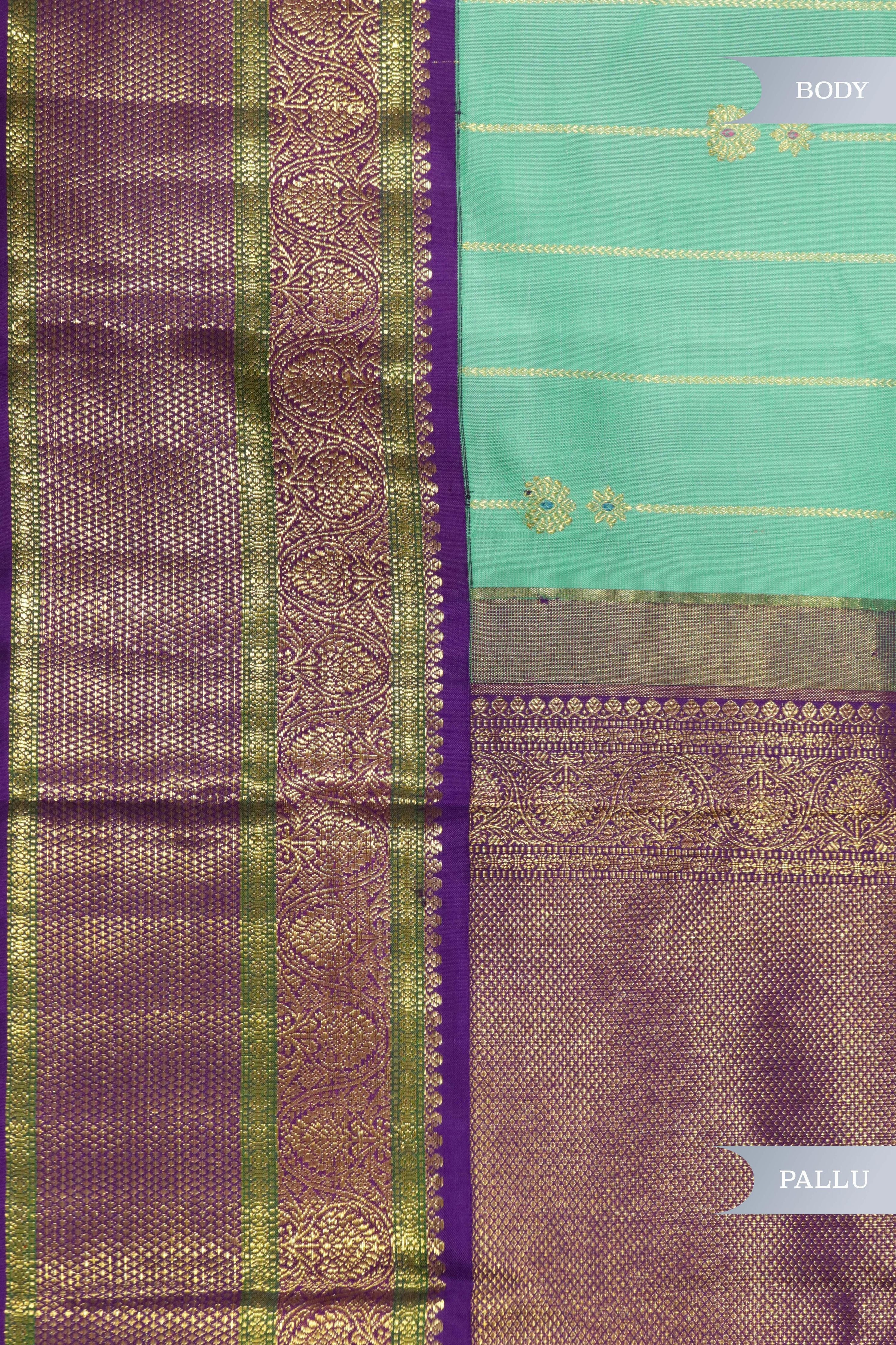 Turquoise Blue Kanchipuram Silk Saree with Zari Stripes, Buttas & Contrast Border - Mokshaa