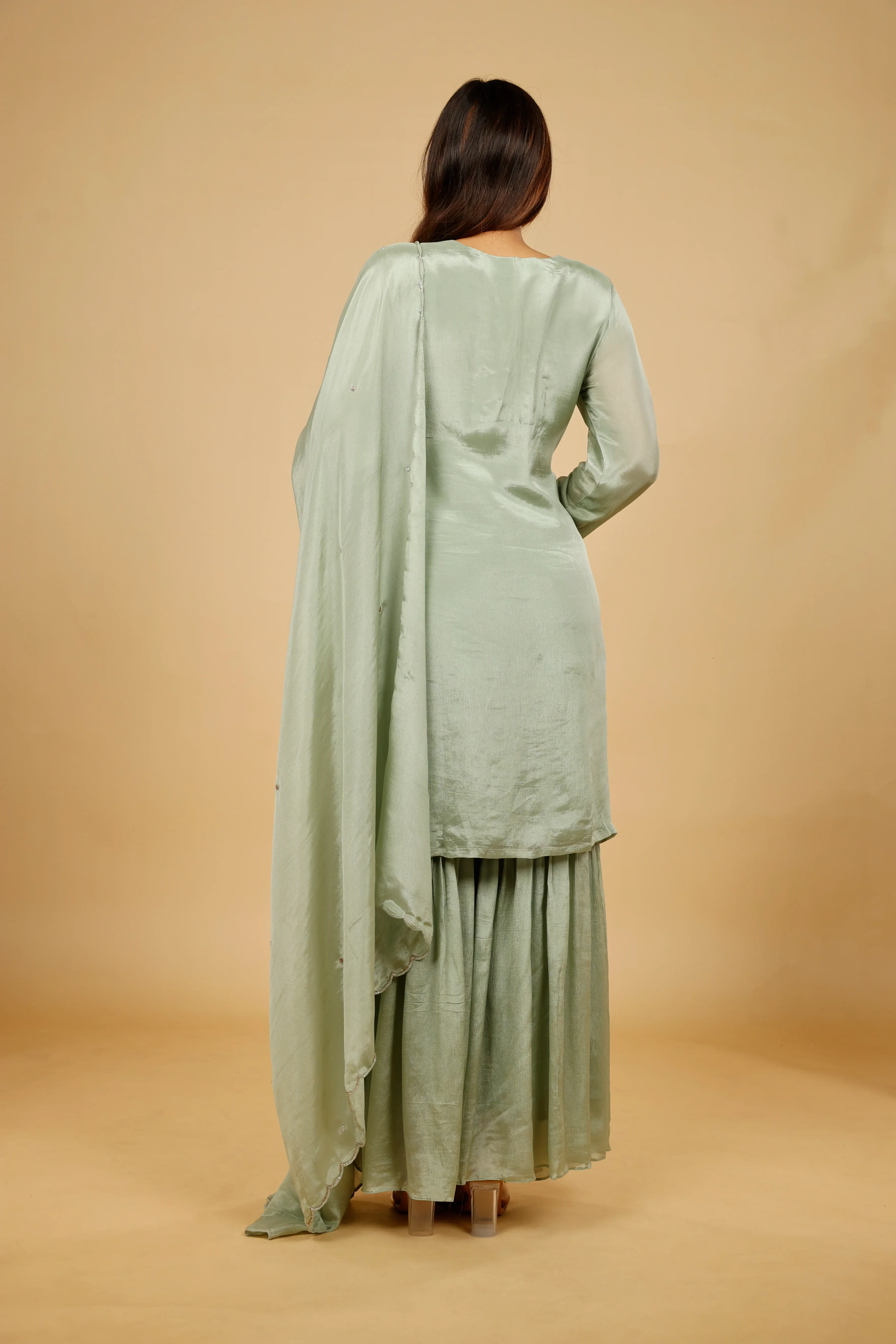 Mint Green Chinon Silk Sharara Set with Kutdana & Pearl Embroidery - Mokshaa
