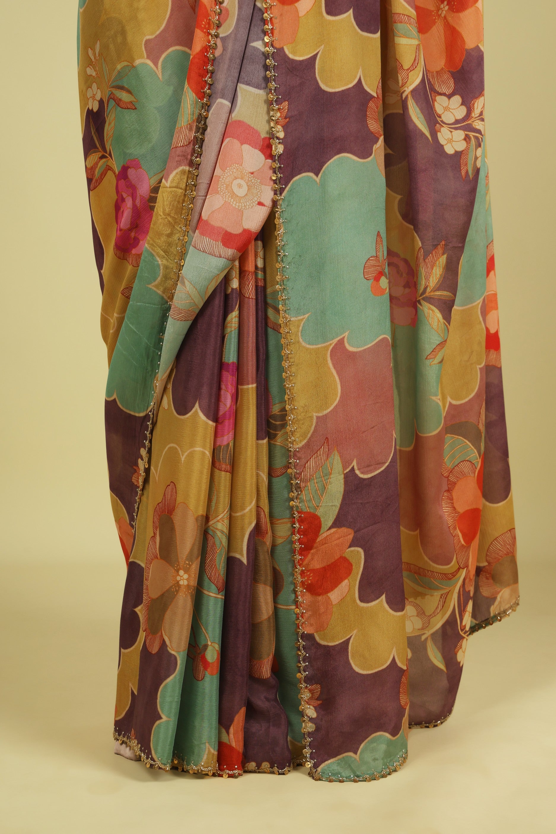 Multicolour Silky Georgette Saree with Digital Print & Bead-Sequin Border - Mokshaa
