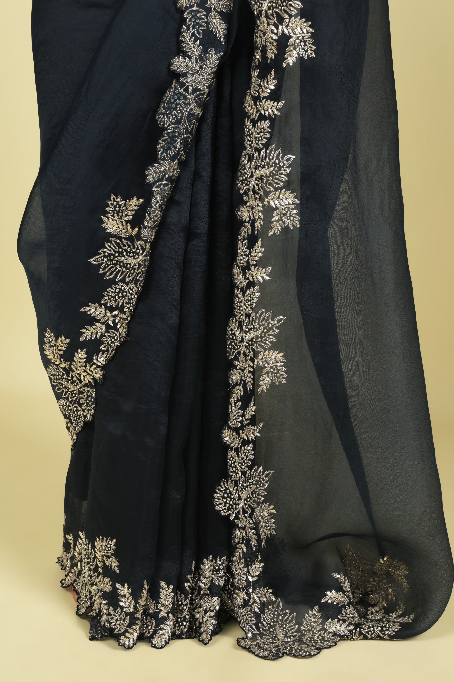 Navy Blue Organza Saree with Aari Beads, Sequins & Fancy Cut Border - Mokshaa