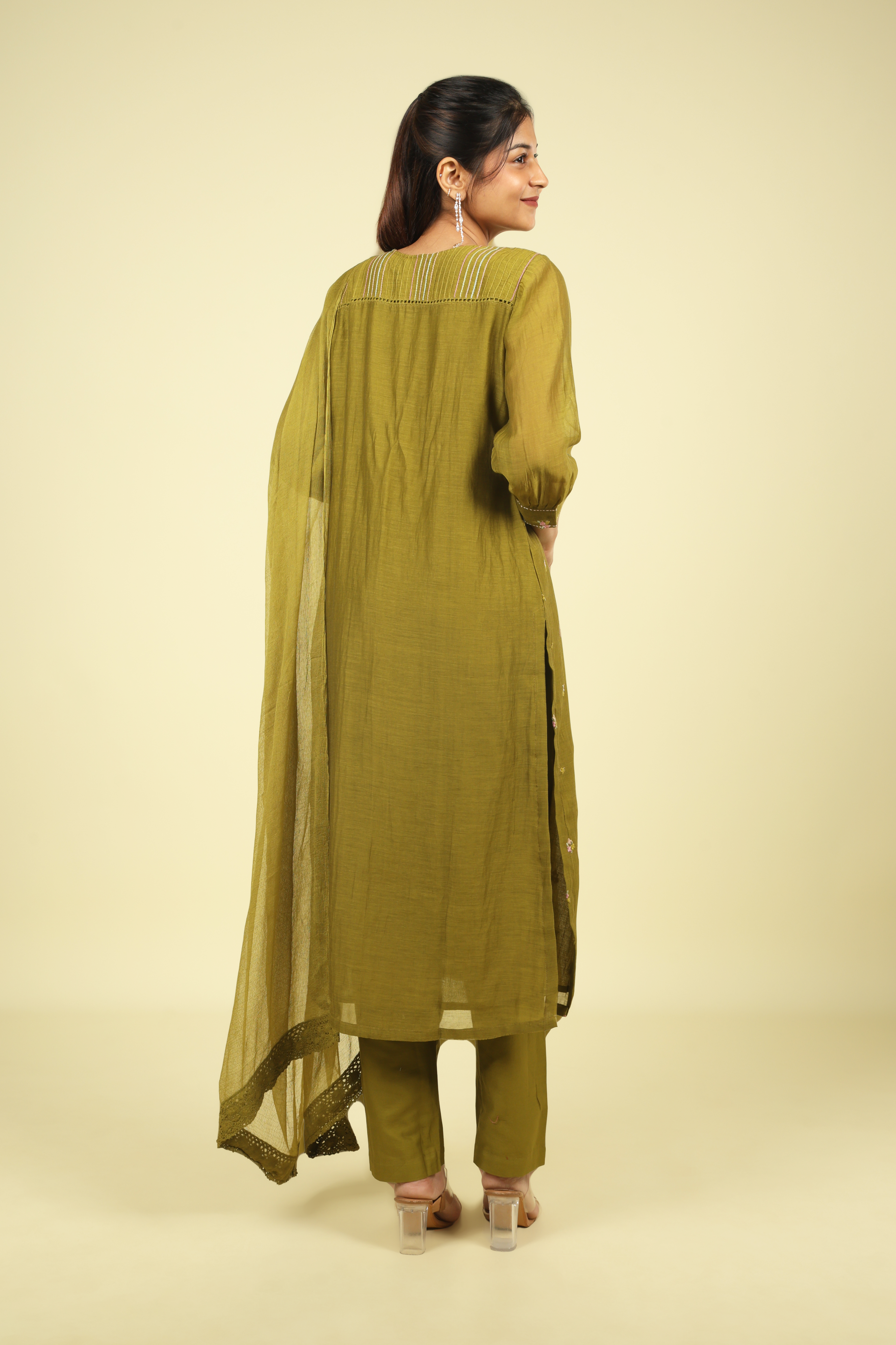 Olive Green Mul Chanderi Straight Cut Salwar Set with Chiffon Dupatta - Mokshaa