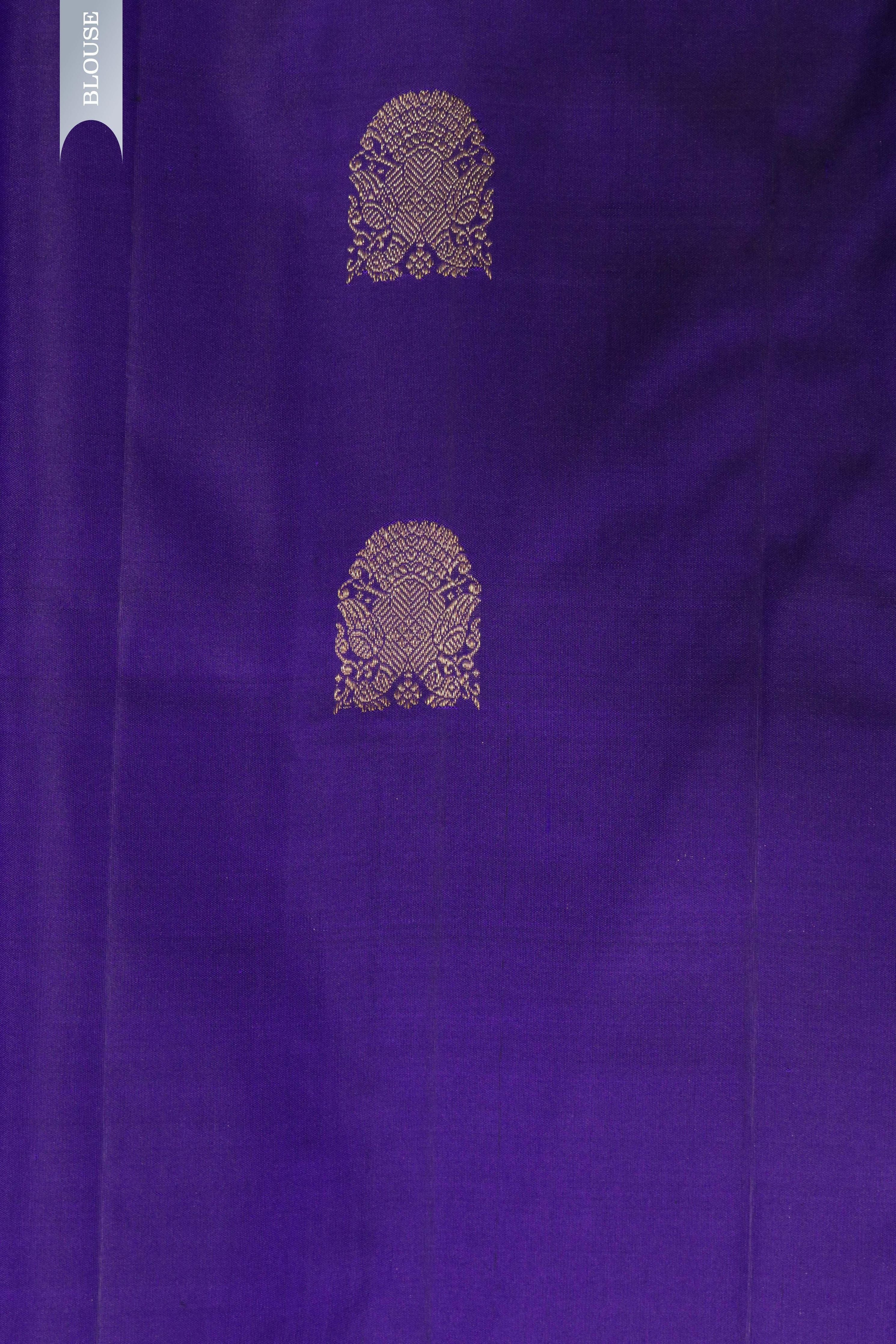 Blue Kanchipuram Silk Saree with Gold & Silver Geometrical Weaving and Zari Motif Border - Mokshaa