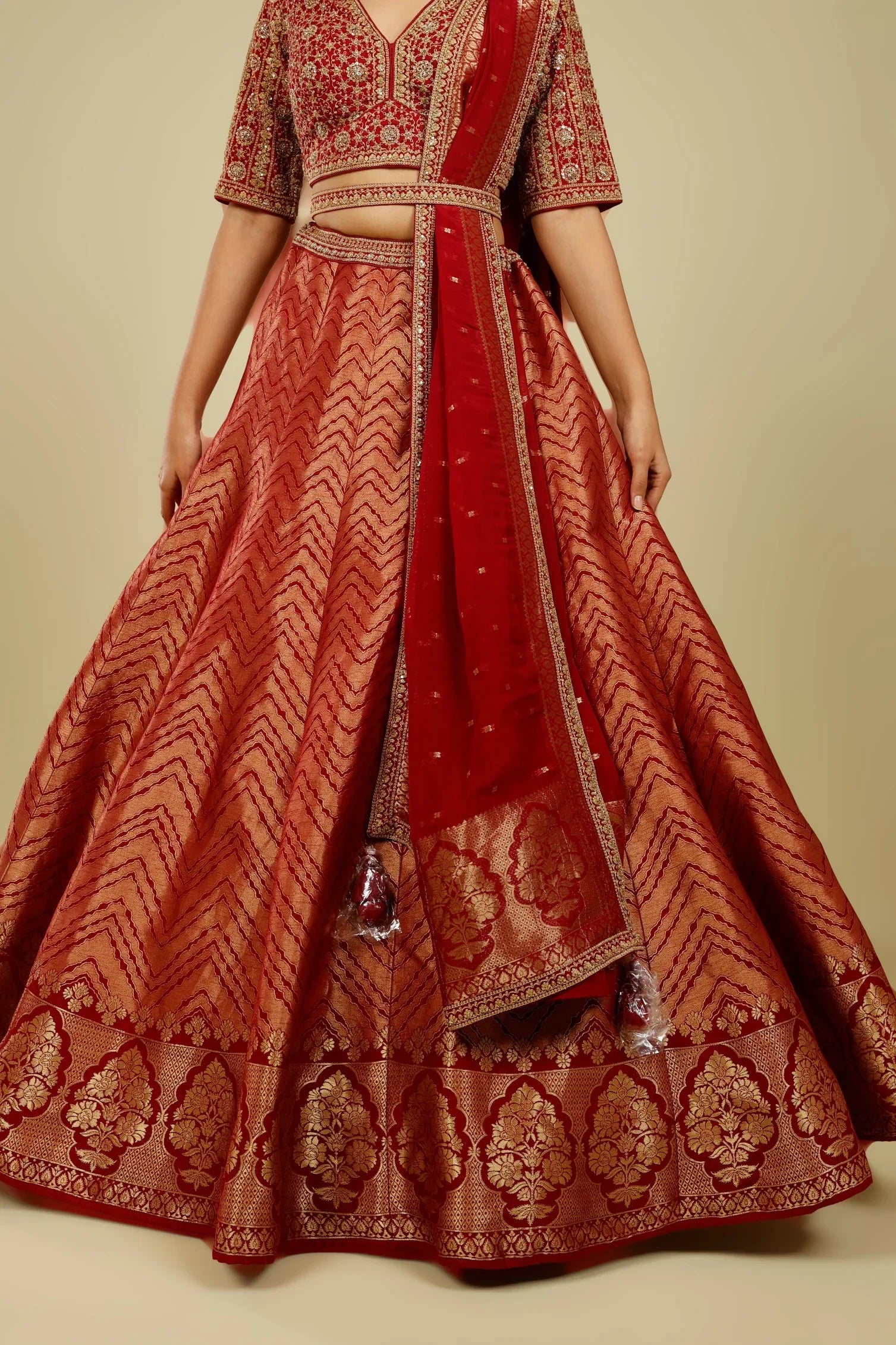 Maroon Banarasi Lehenga Set with Zari, French Knot & Cutdana Embroidery - Mokshaa