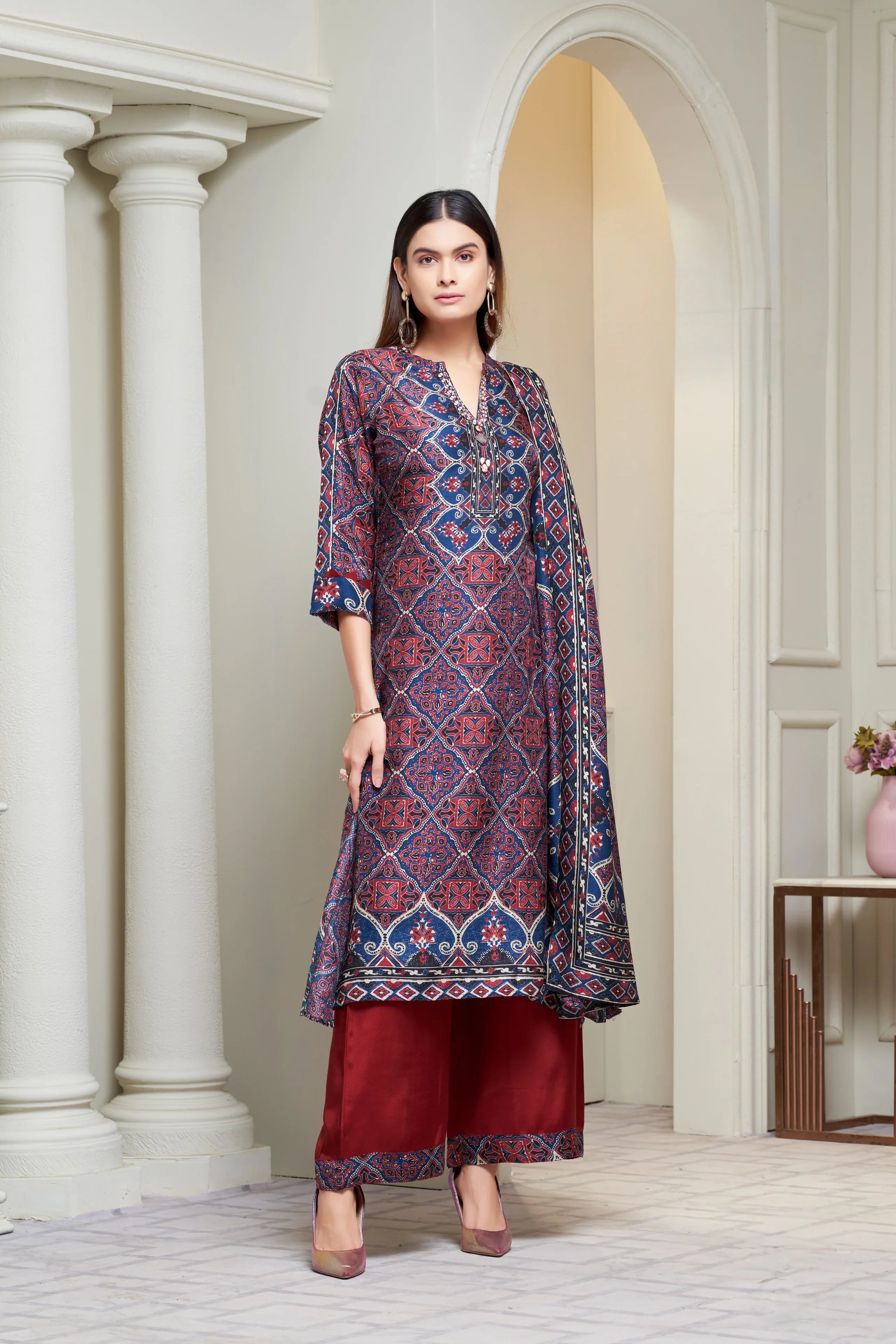 Indigo & Maroon Printed Crepe Kurta Set with Ethnic Dupatta - Mokshaa