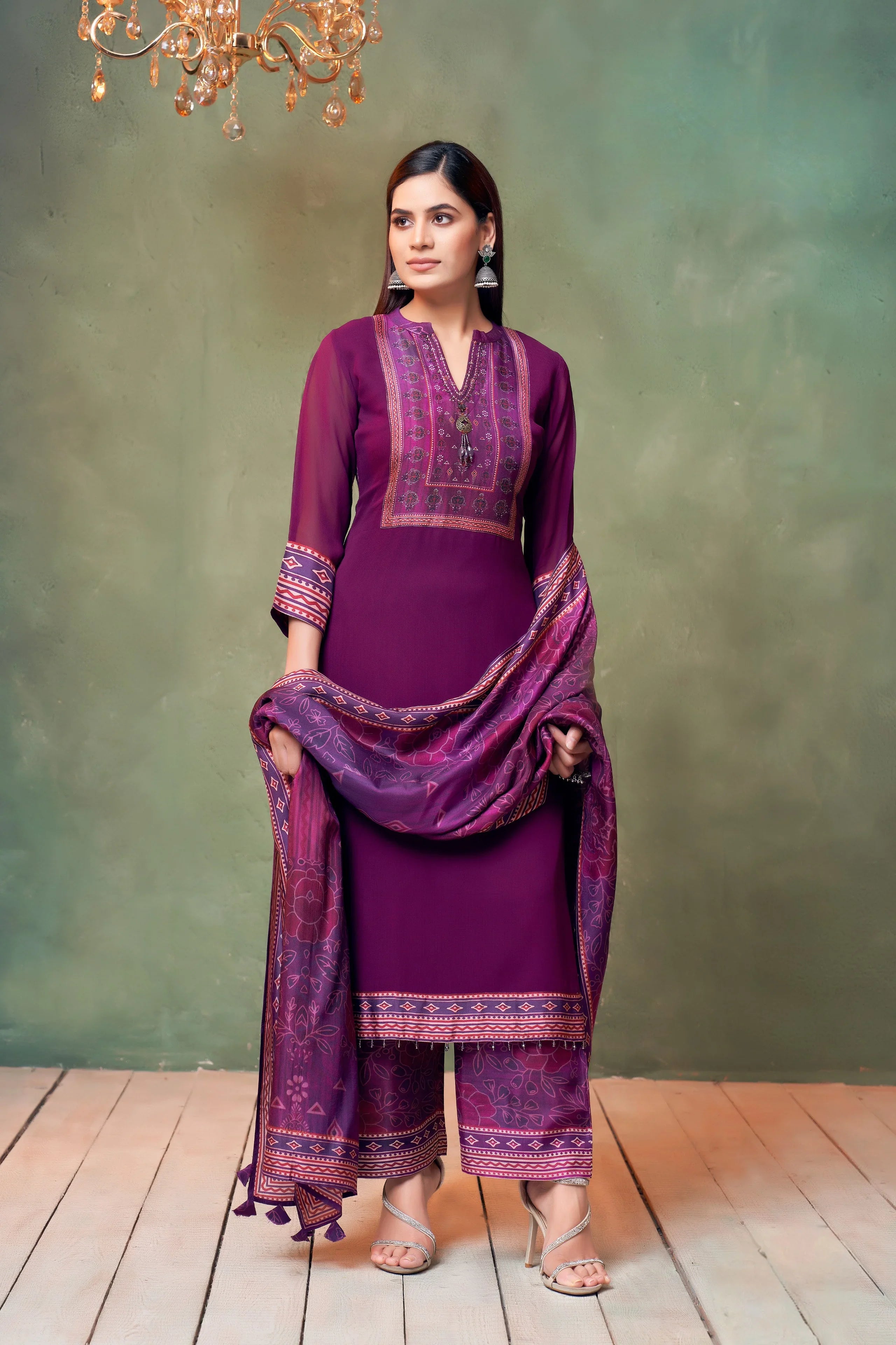 Wine Purple Printed Georgette Kurta Set with Coordinated Dupatta - Mokshaa