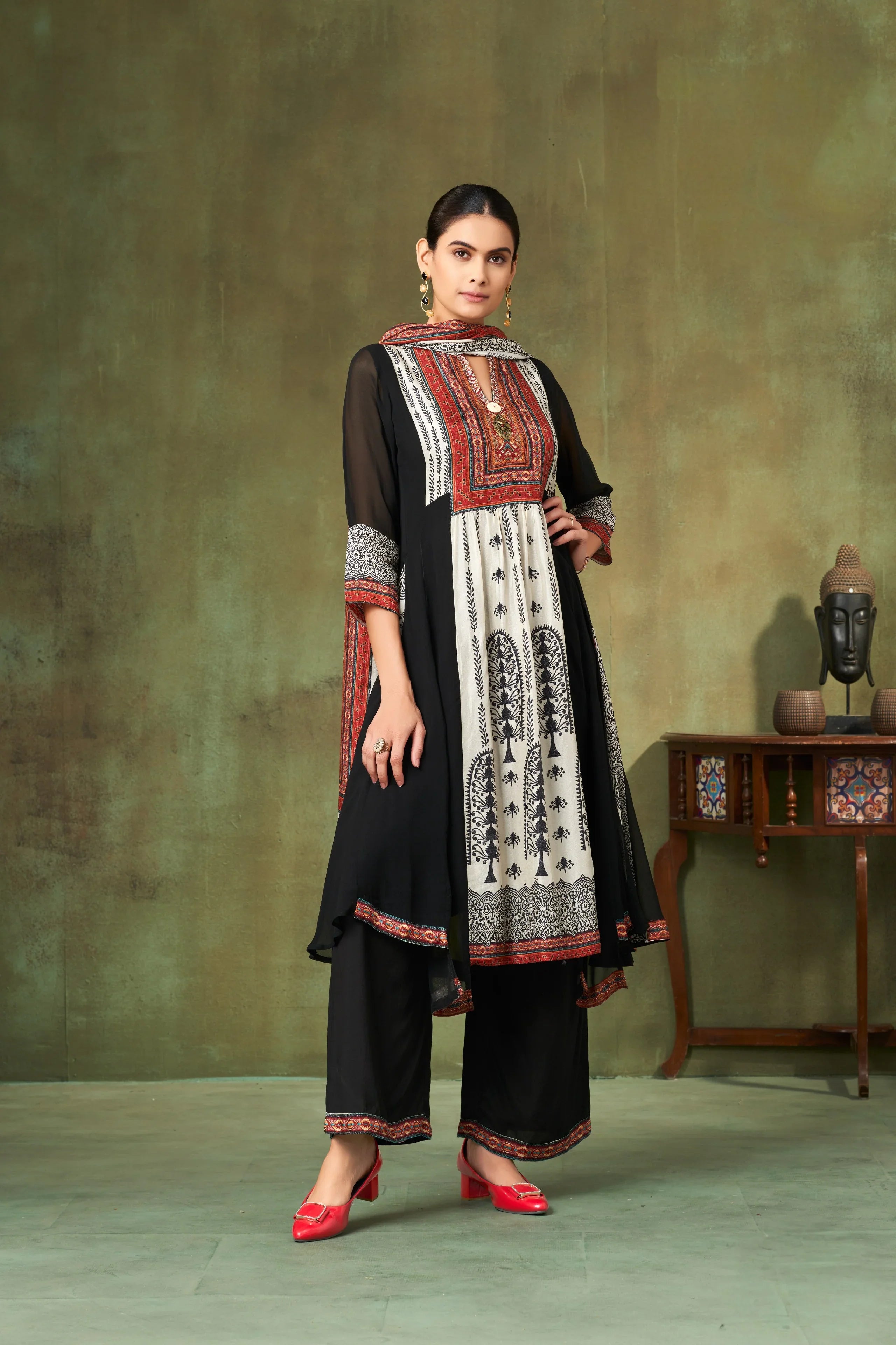 Black & Ivory Printed Georgette Kurta Set with Rust Ajrakh Accents - Mokshaa