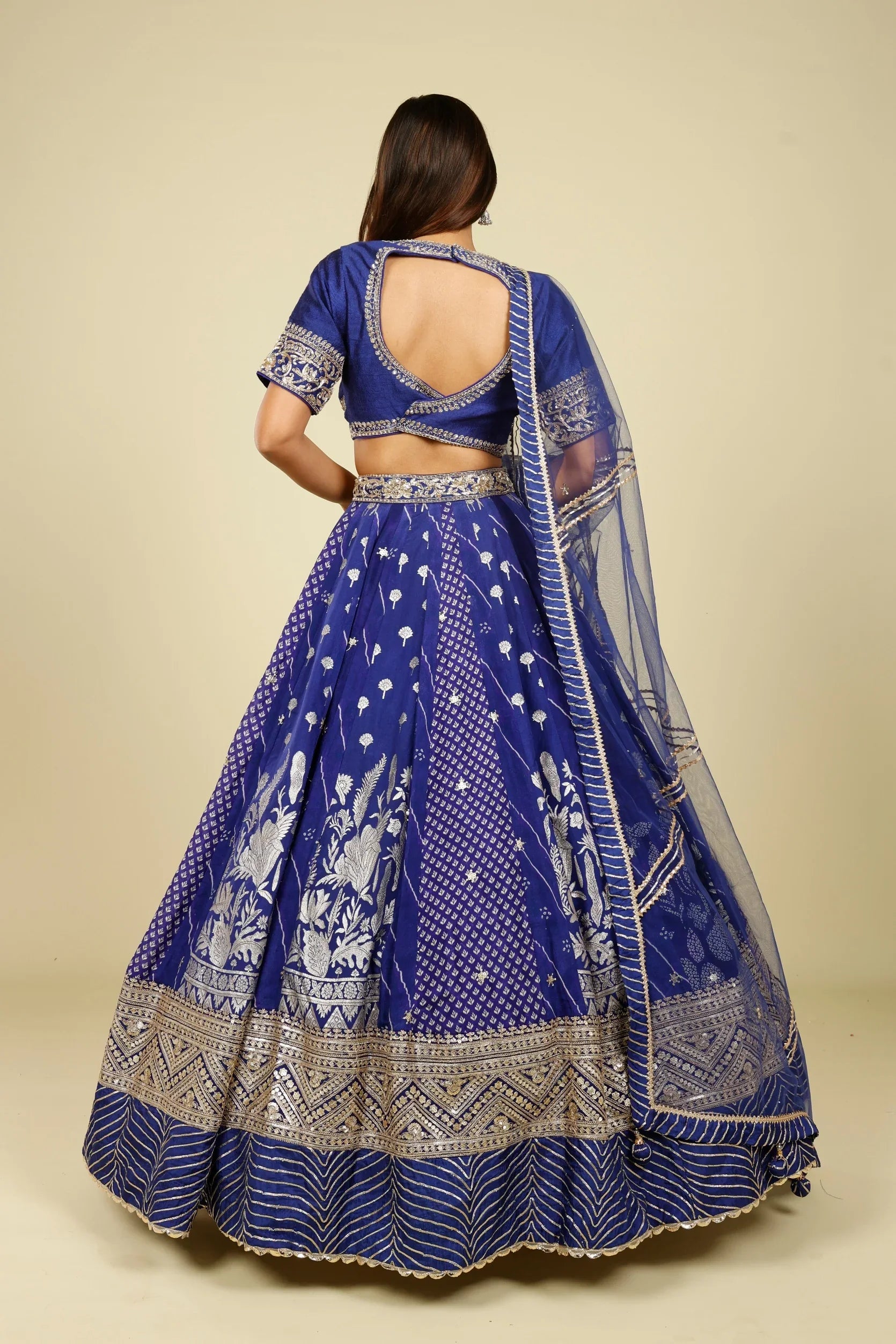Royal Blue Printed Crepe Silk Lehenga Set with Zardozi & Gota Embroidery - Mokshaa