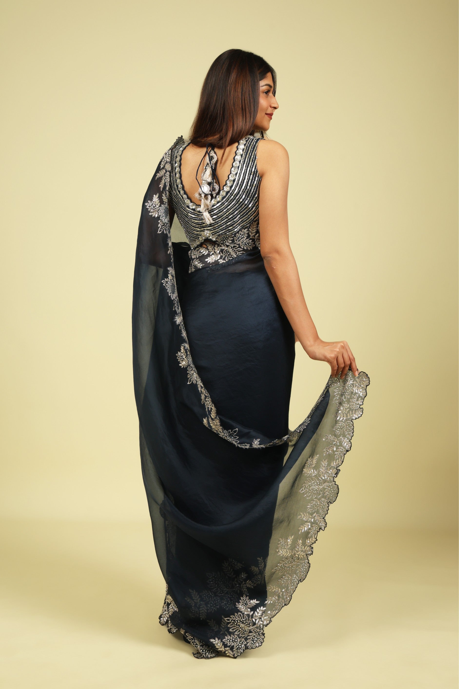 Navy Blue Organza Saree with Aari Beads, Sequins & Fancy Cut Border - Mokshaa
