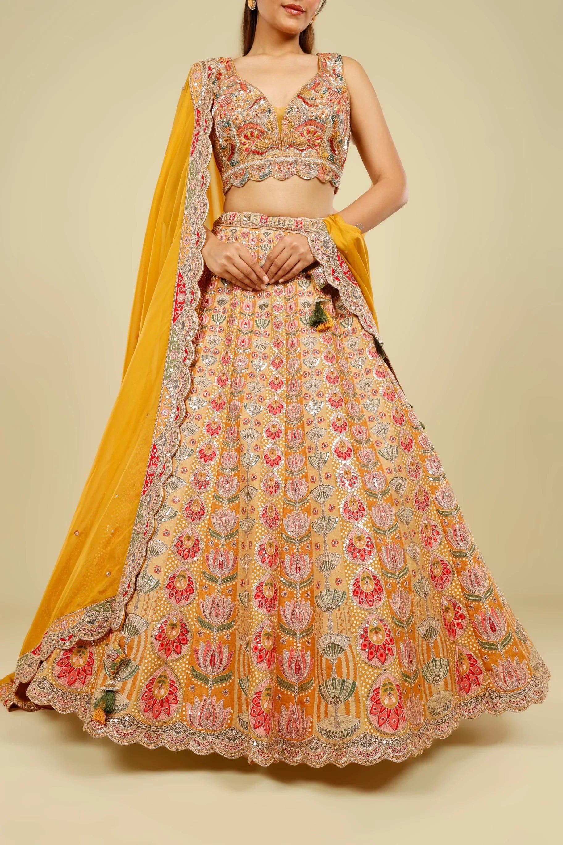 Yellow Printed Silk Lehenga Set with Zari & Sequin Embroidery - Mokshaa