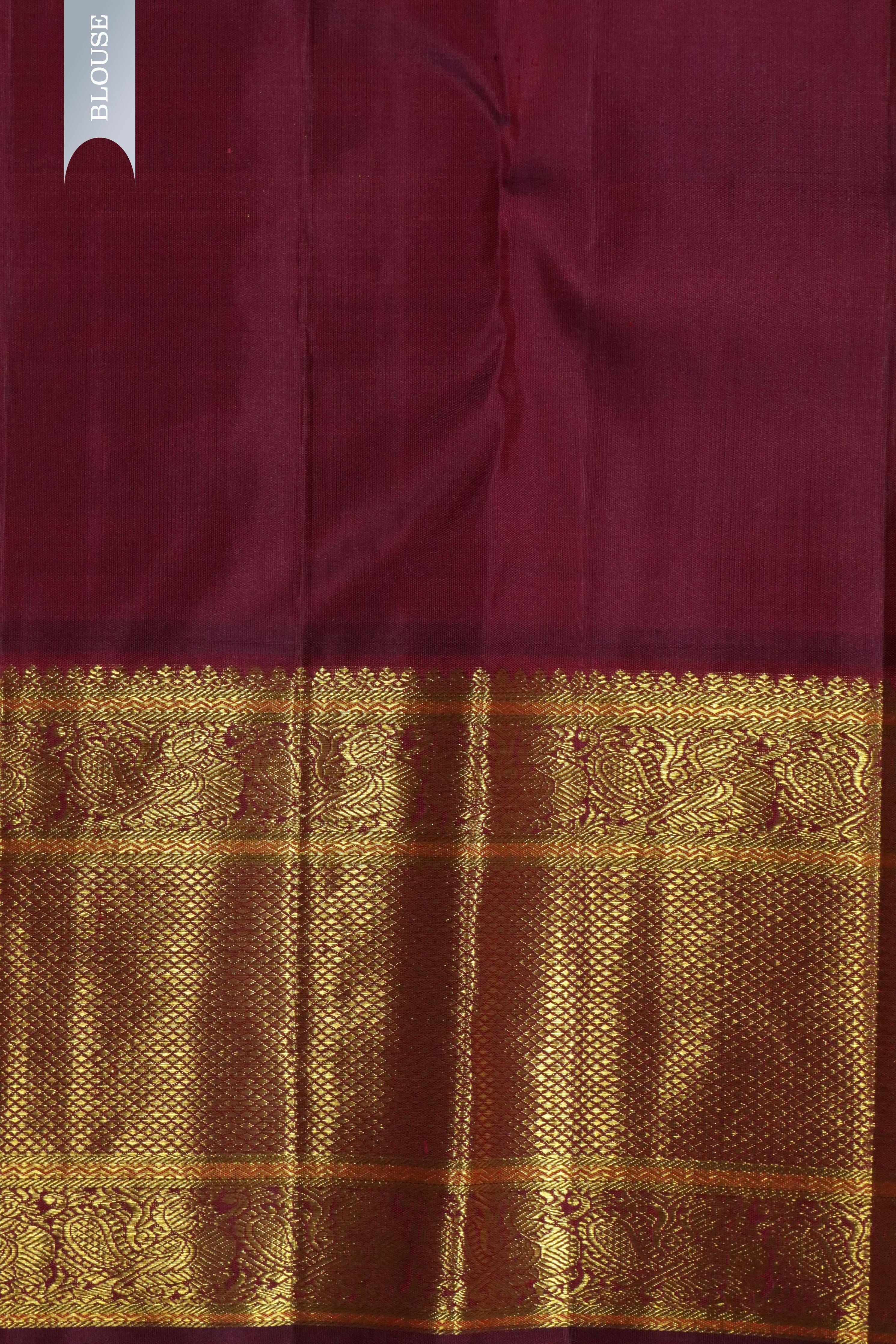 Beige Kanchipuram Silk Saree with Zari & Thread Motifs and Contrast Zari Border - Mokshaa