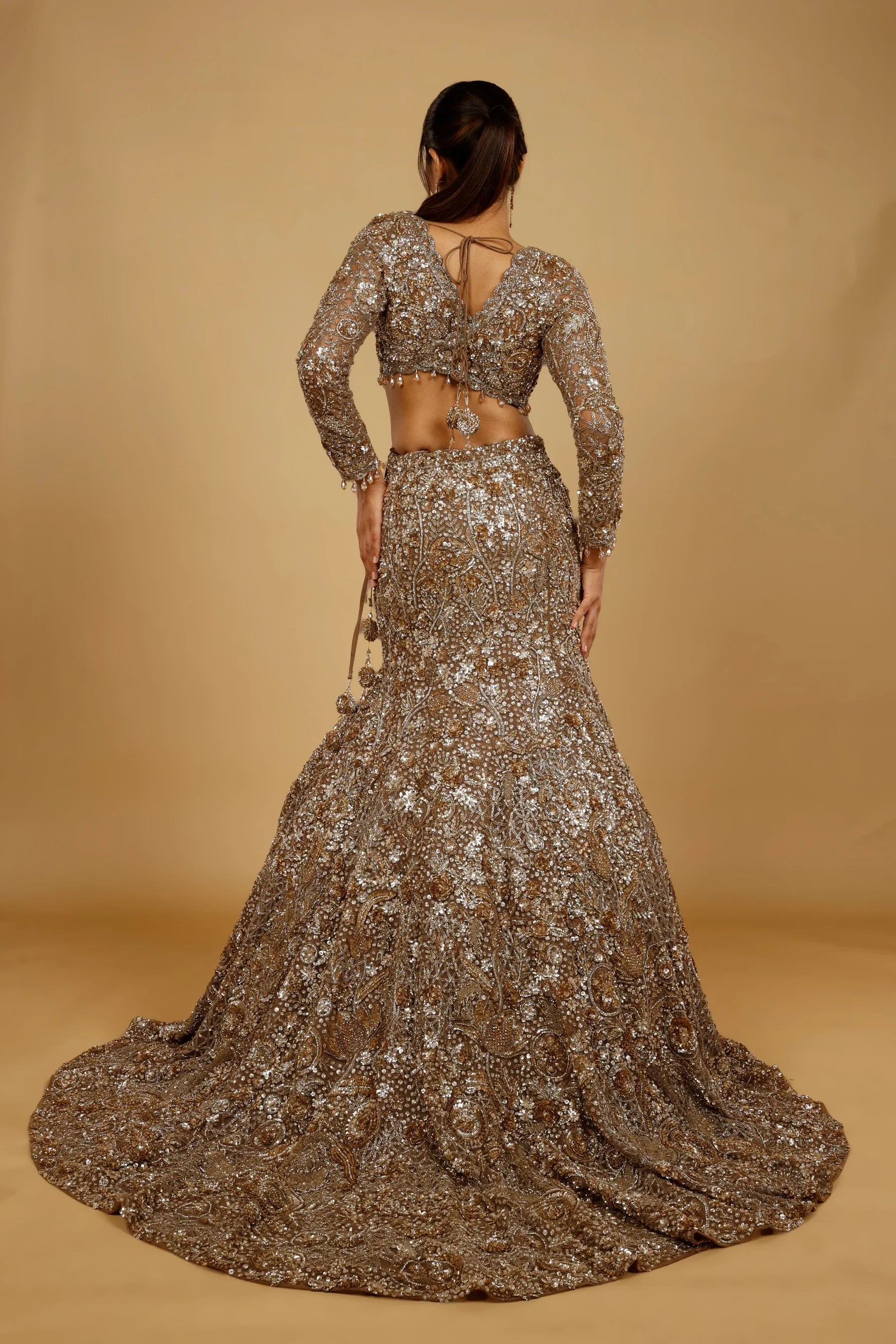 Dark Gold Net Mermaid Lehenga Set with Sequin, Stone & Kutdana Embroidery - Mokshaa