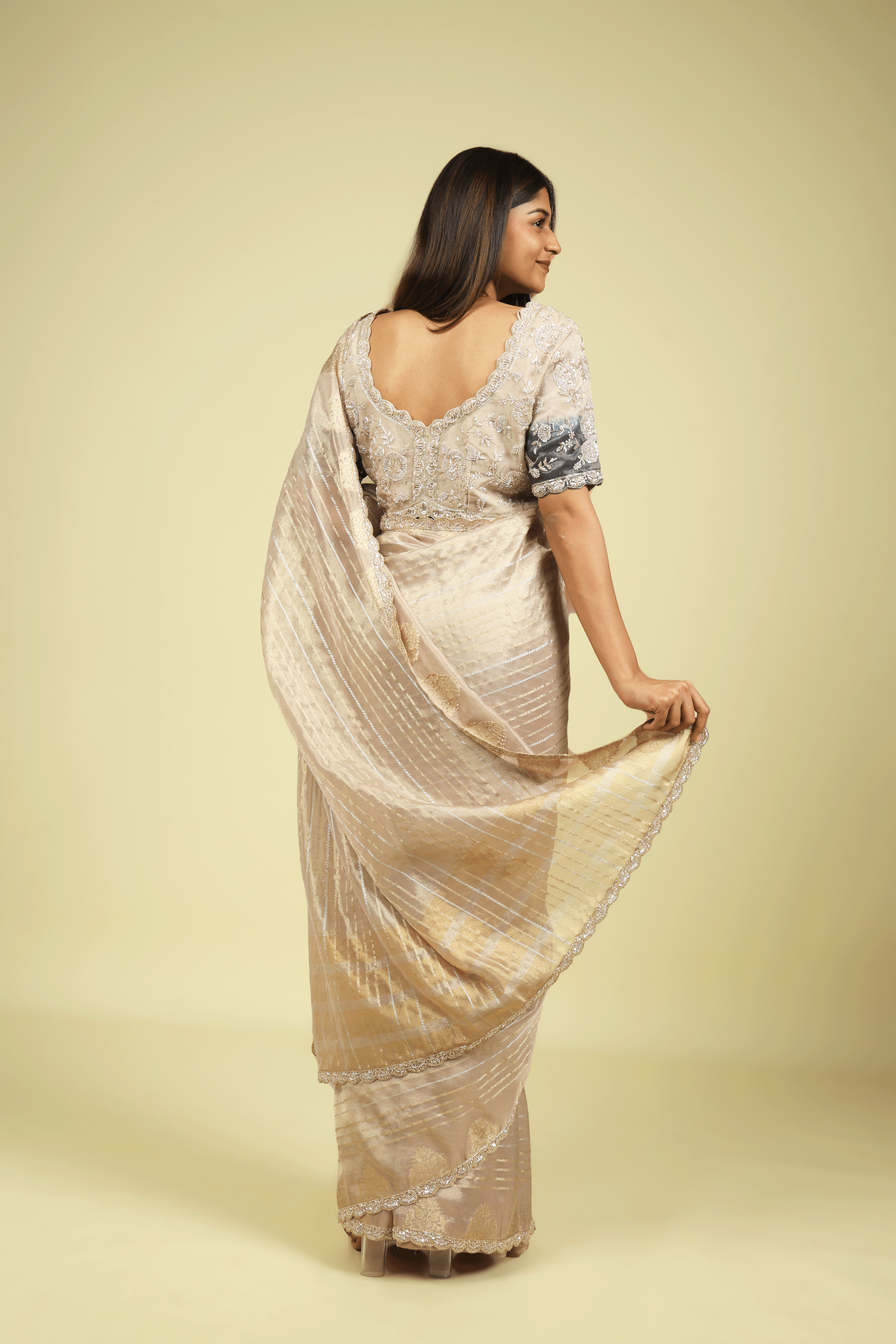 Rose Gold Tissue Saree with Gold & Silver Zari Stripes and Bead-Sequin Border - Mokshaa