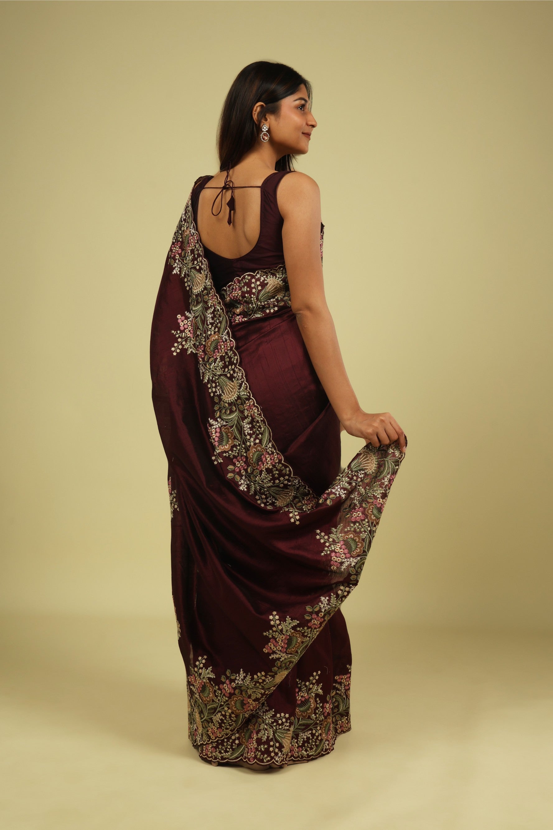 Dark Wine Handloom Tussar Saree with Multi-Thread Embroidered Border - Mokshaa