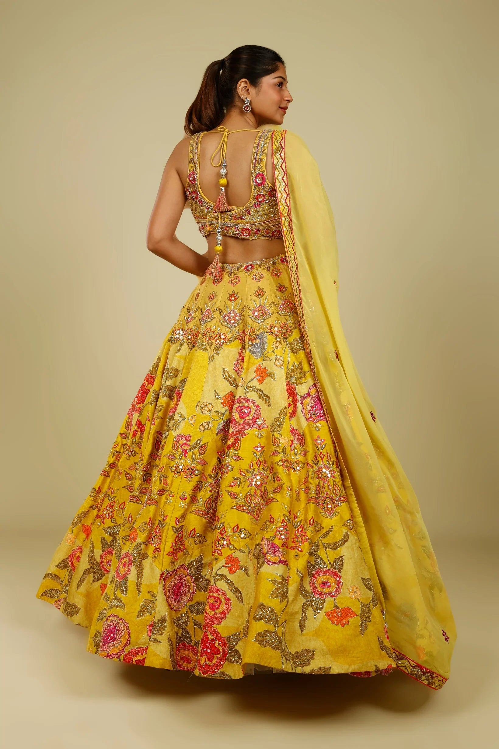 Yellow Silk Printed Lehenga Set with Thread, Mirror & Zari Embroidery - Mokshaa