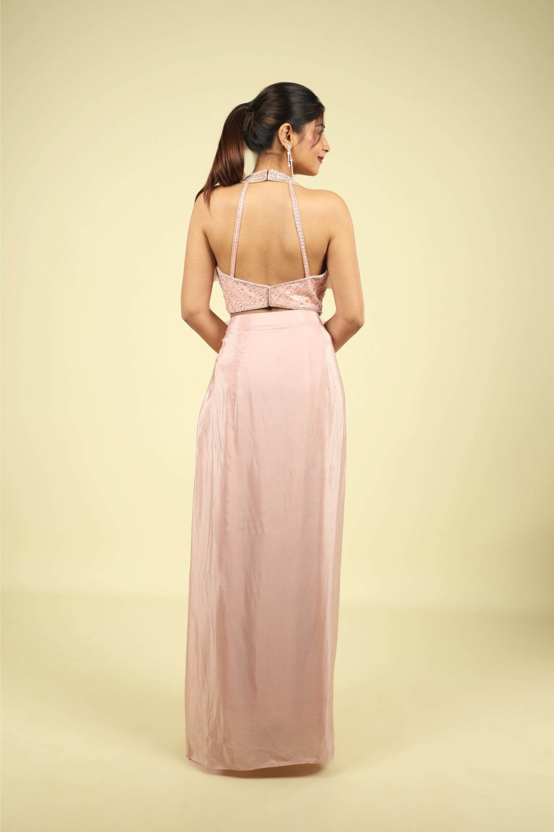 Blush Pink Halter Neck Embellished Drape Skirt Set - Mokshaa