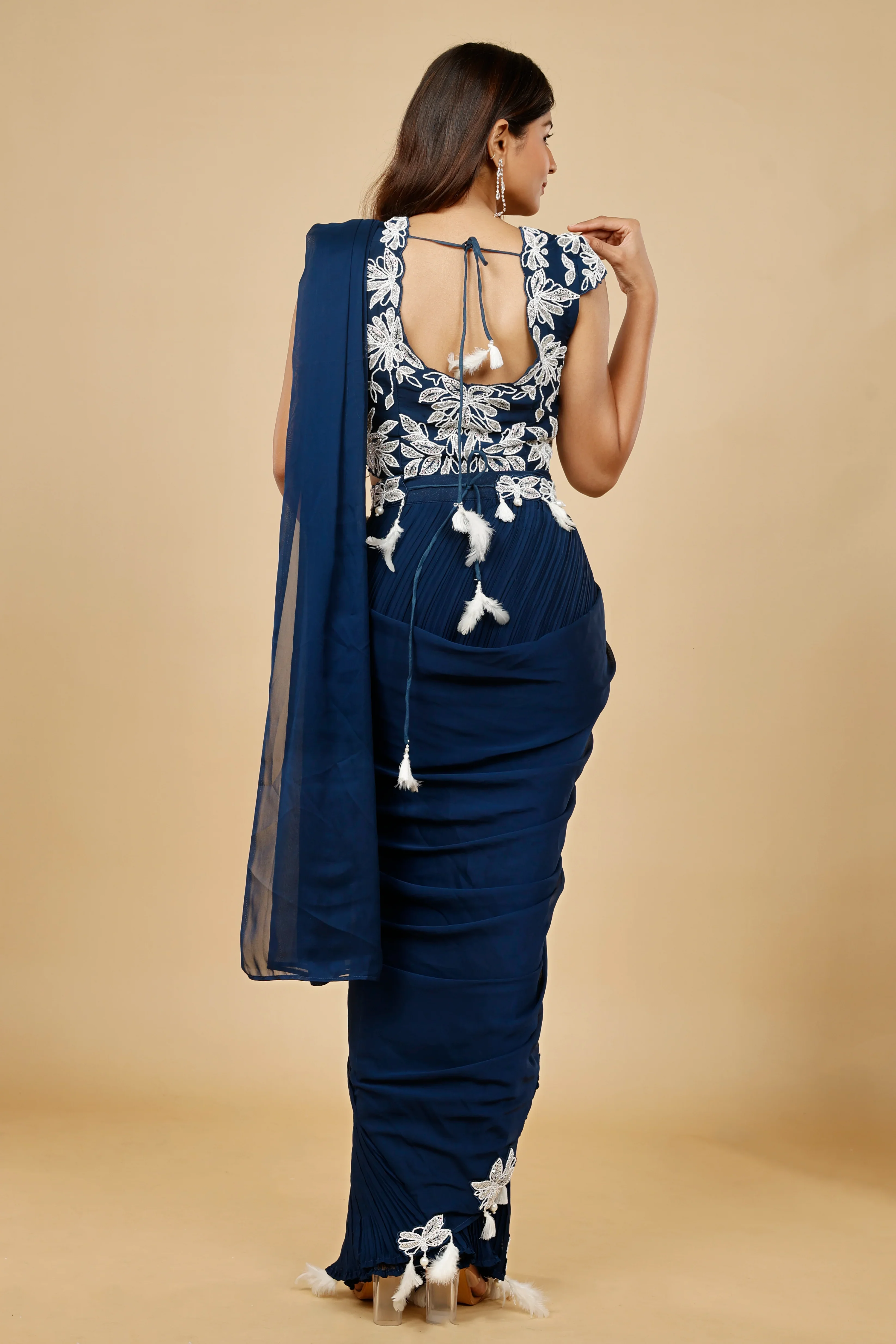 Navy Blue Organza Drape Saree with Kutdana & Pearl Embroidery - Mokshaa