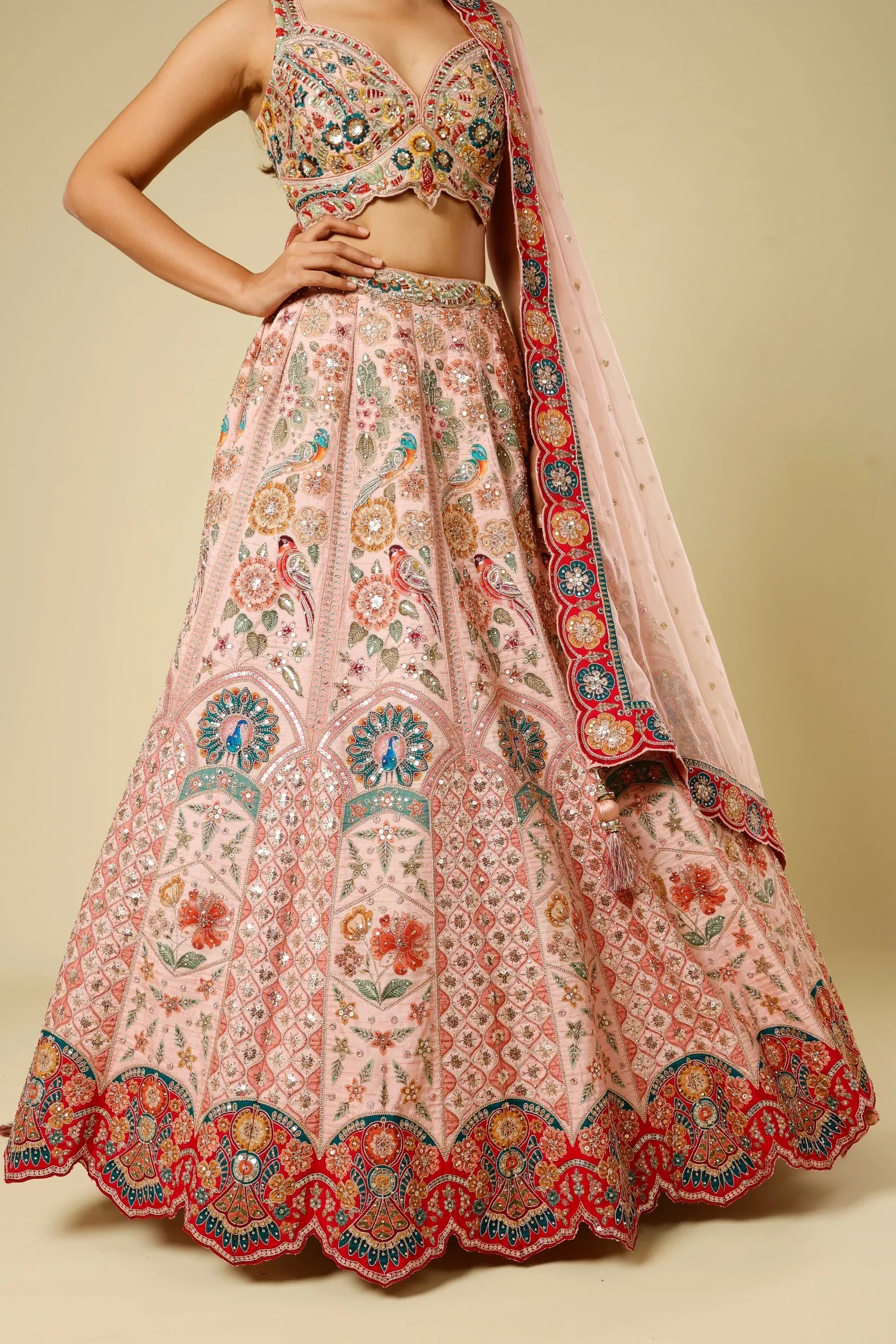 Blush Pink Silk Lehenga Set with Zari, Sequin & Stone Embroidery - Mokshaa