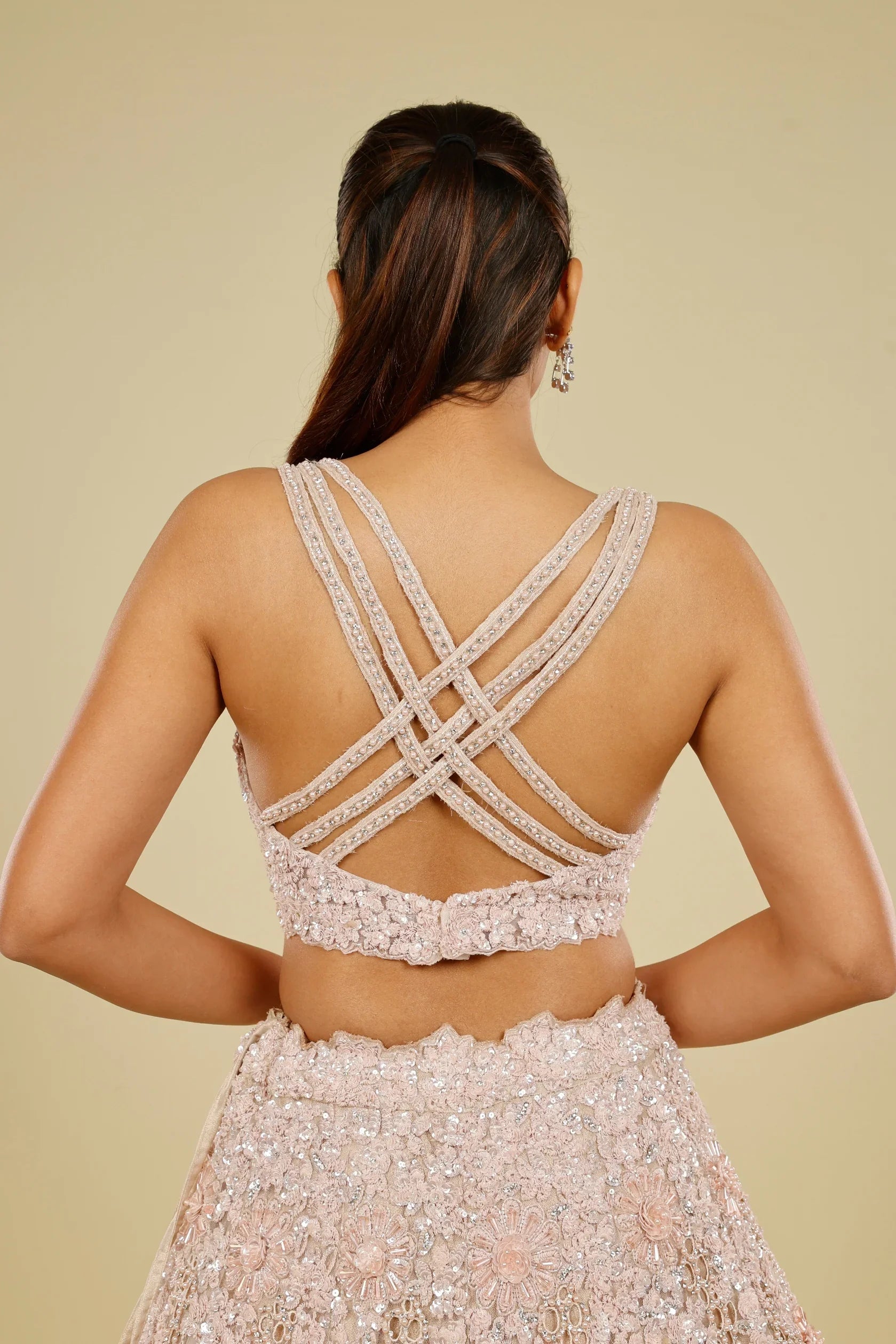 Blush Pink Net Cutwork Lehenga Set with Sequin, Stone & Pearl Embroidery - Mokshaa