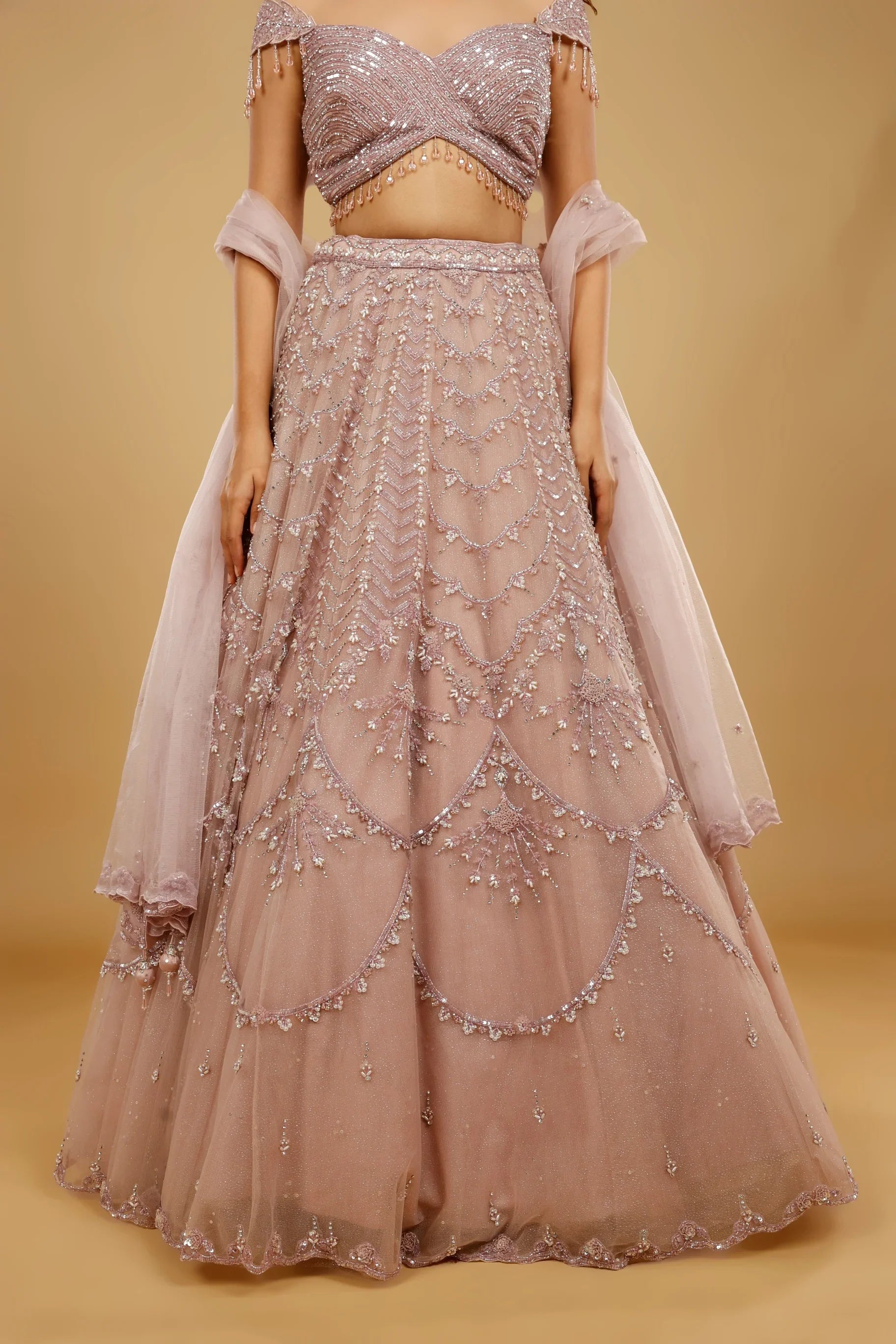 Mauve Net Lehenga Set with Sequin, Pearl & Cutdana Embroidery - Mokshaa